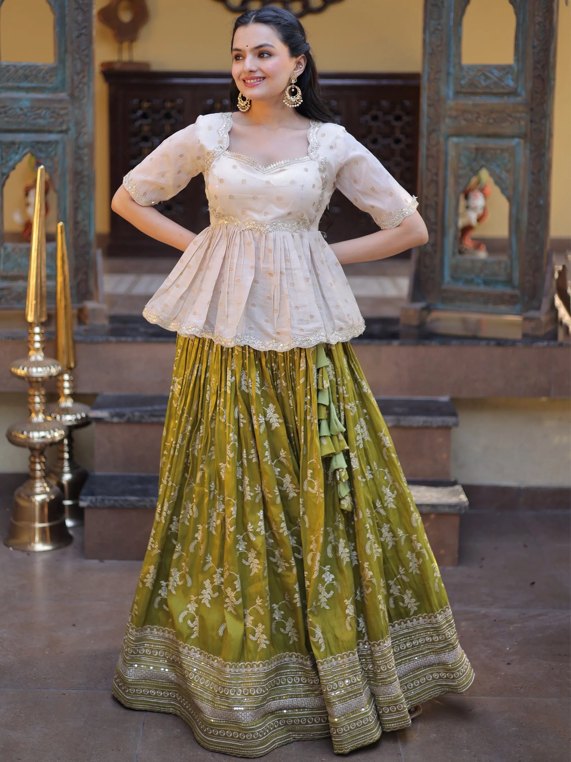 Superb Olive Green Embroidered Silk Mehendi Wear Lehenga With Peplum Top