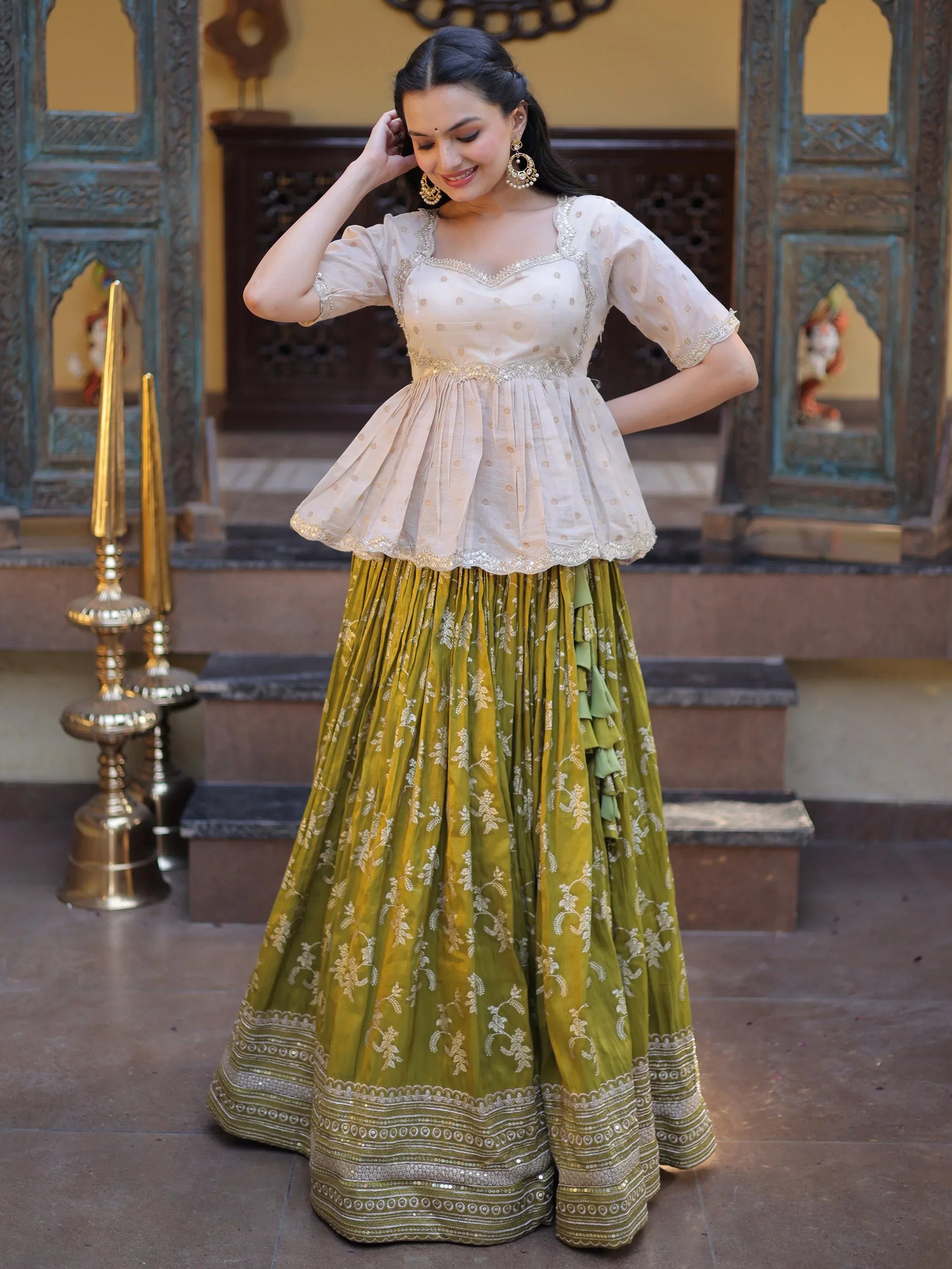 Superb Olive Green Embroidered Silk Mehendi Wear Lehenga With Peplum Top