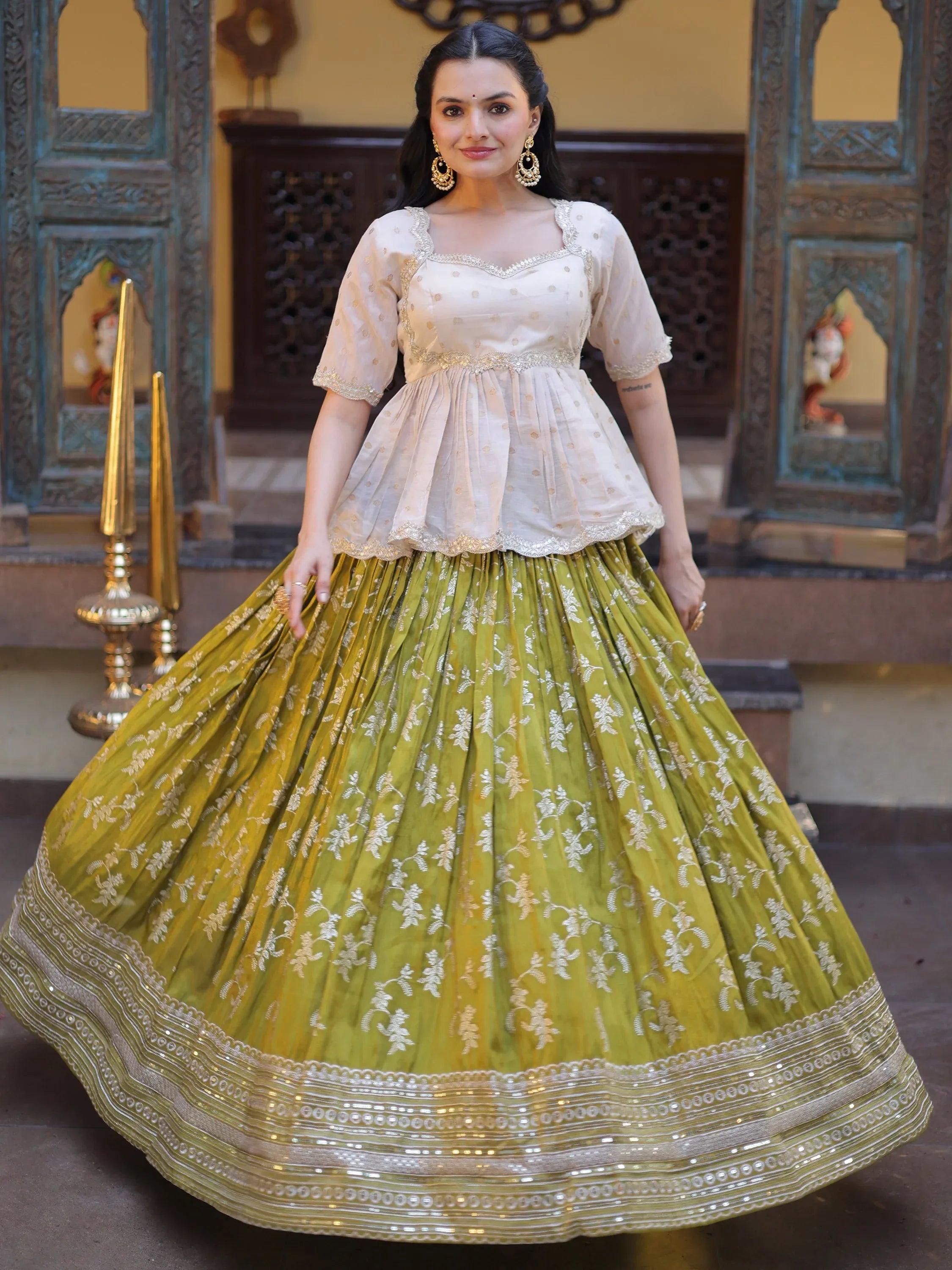 Superb Olive Green Embroidered Silk Mehendi Wear Lehenga With Peplum Top
