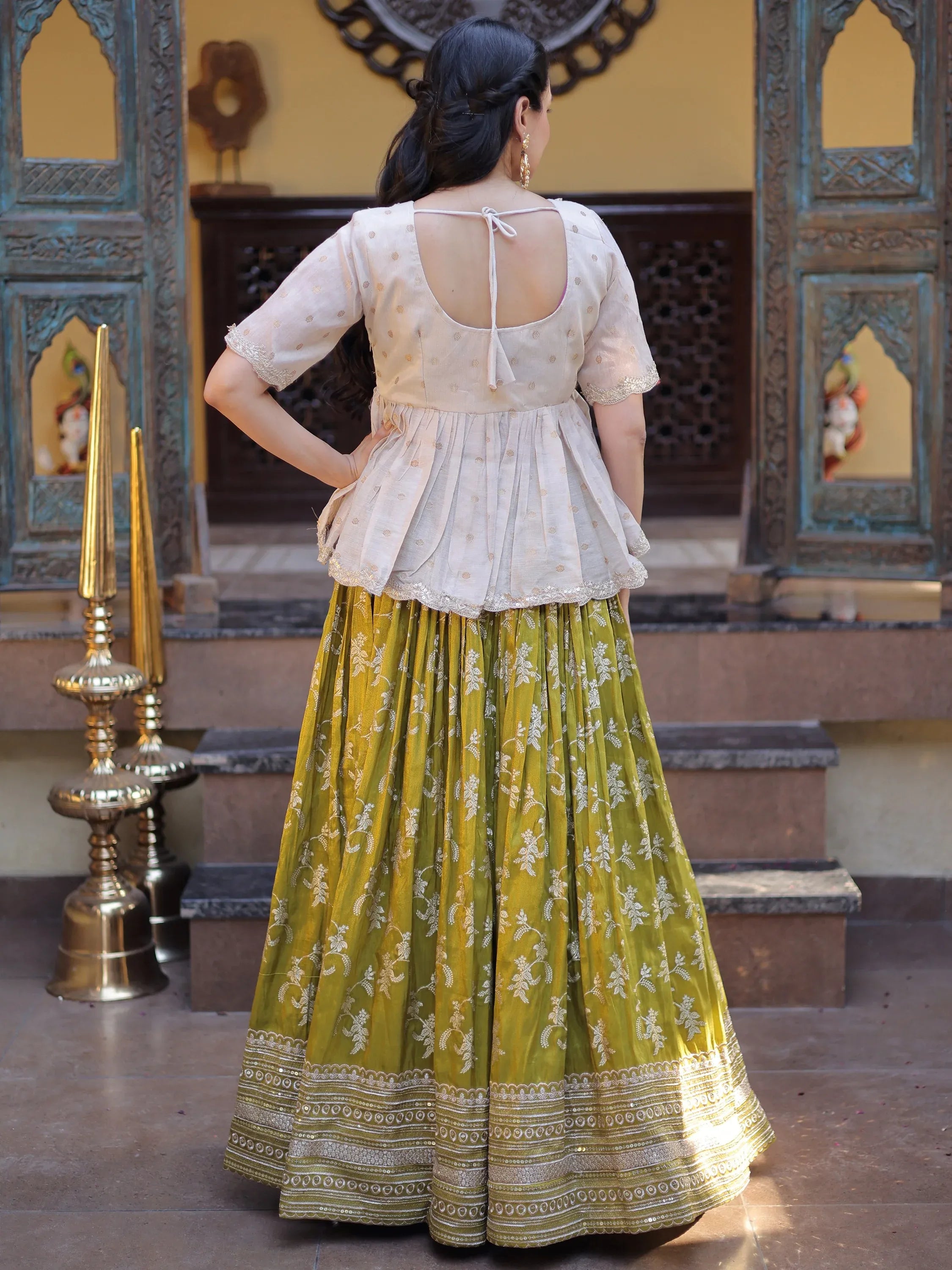 Superb Olive Green Embroidered Silk Mehendi Wear Lehenga With Peplum Top