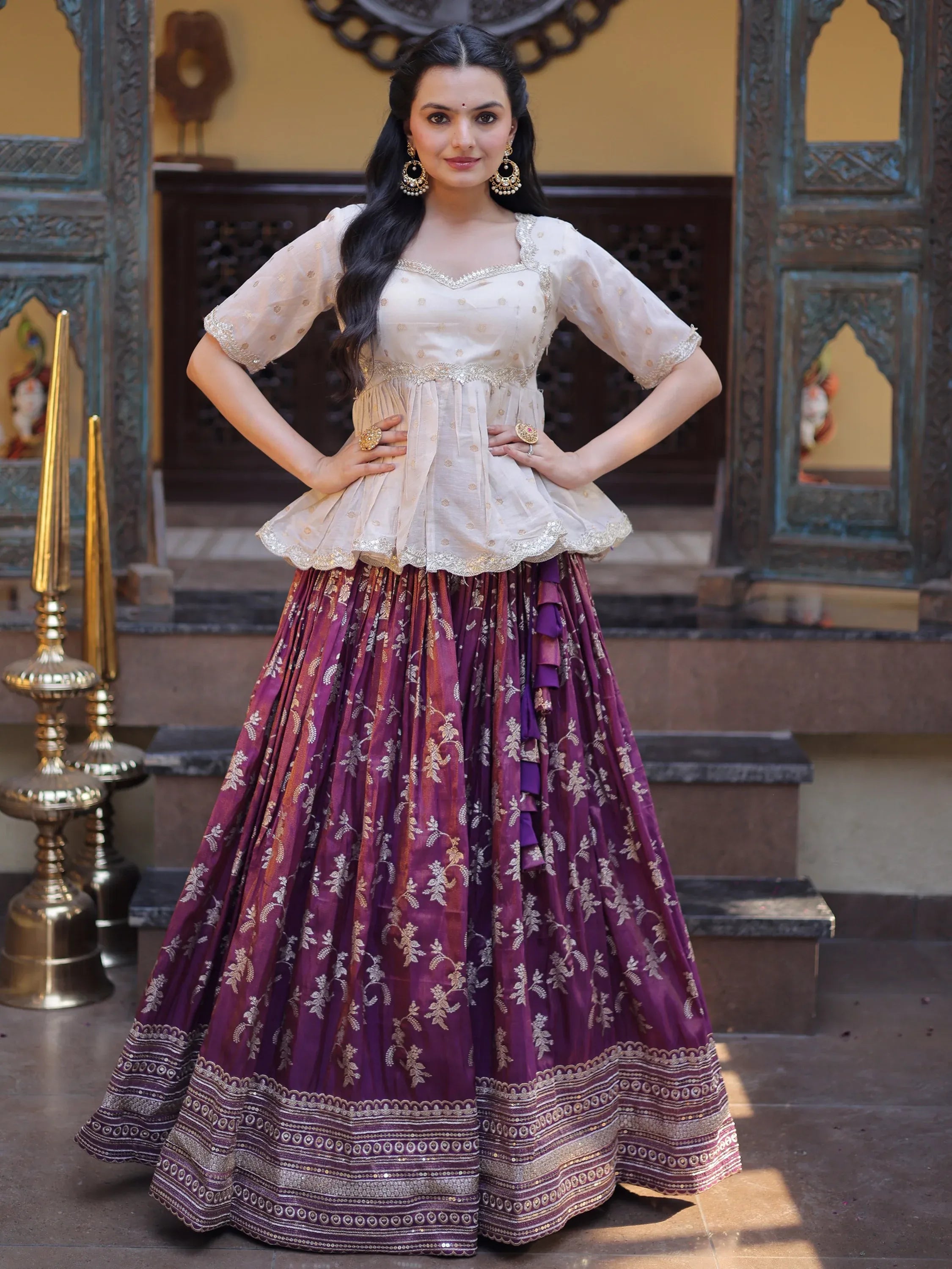 Majestic Purple Sequins Silk Marriage Wear Lehenga With Peplum Top