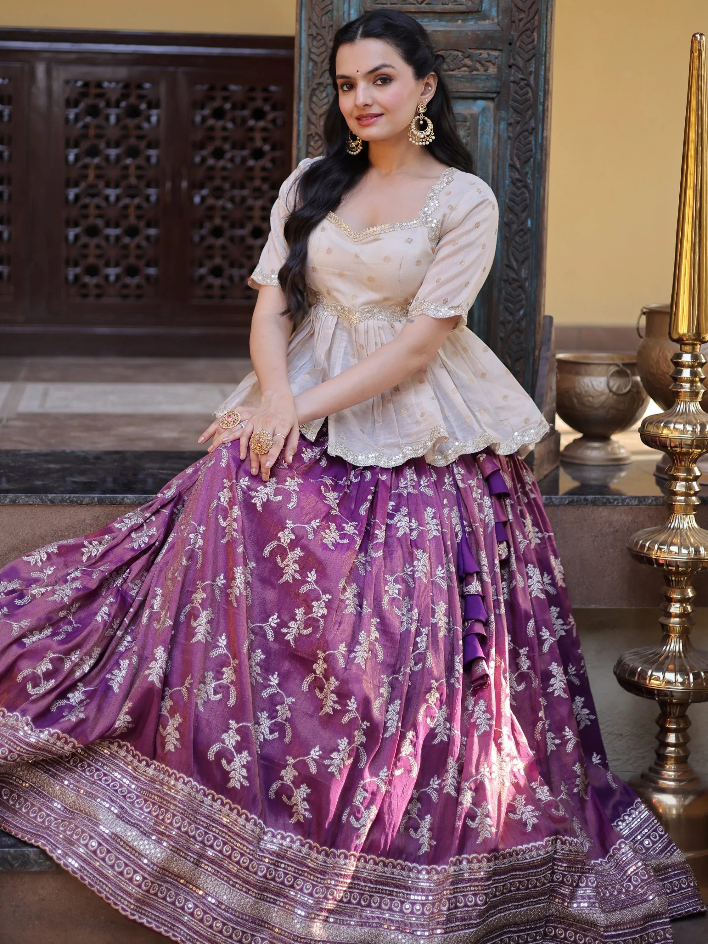 Majestic Purple Sequins Silk Marriage Wear Lehenga With Peplum Top
