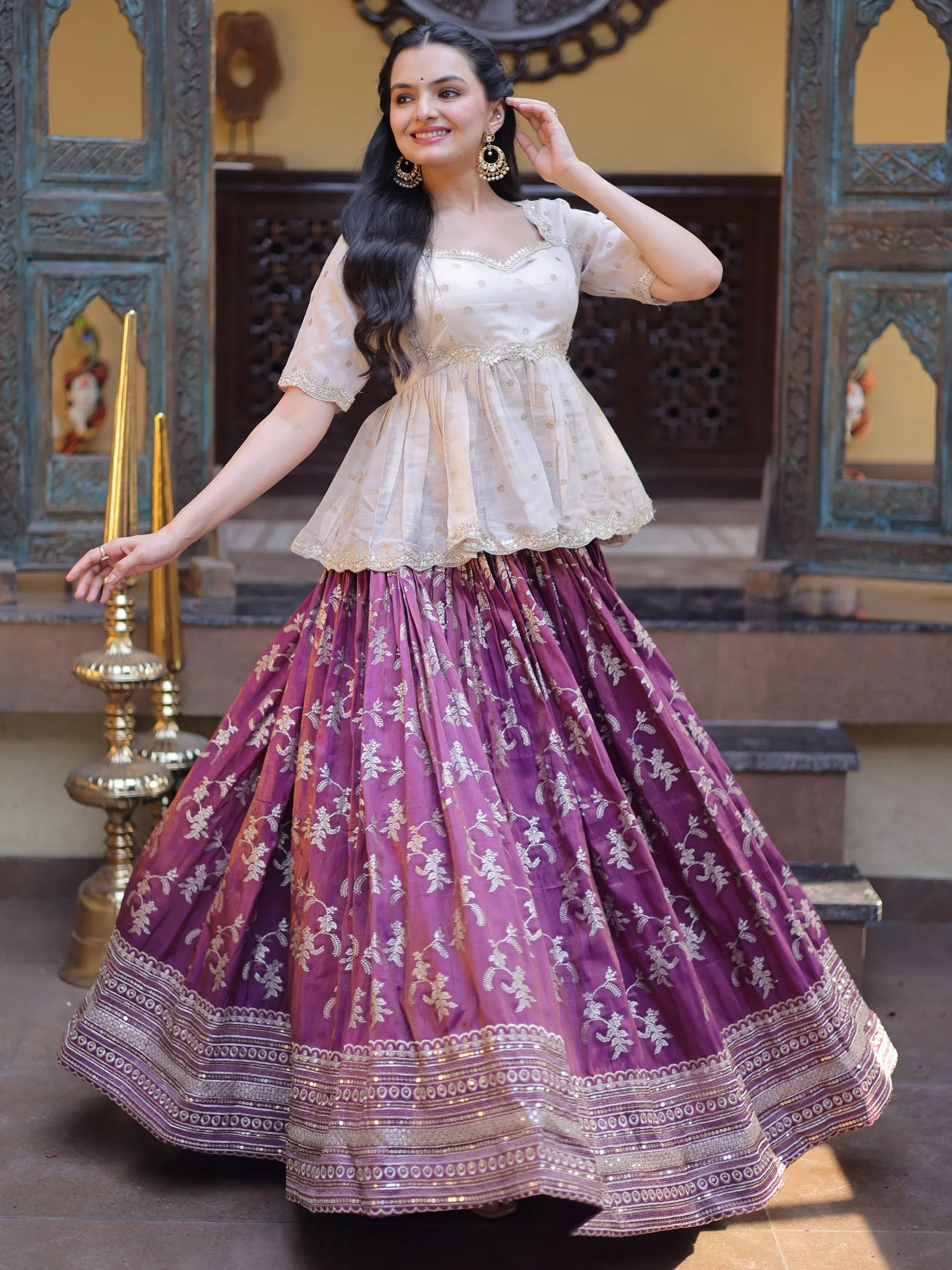 Majestic Purple Sequins Silk Marriage Wear Lehenga With Peplum Top