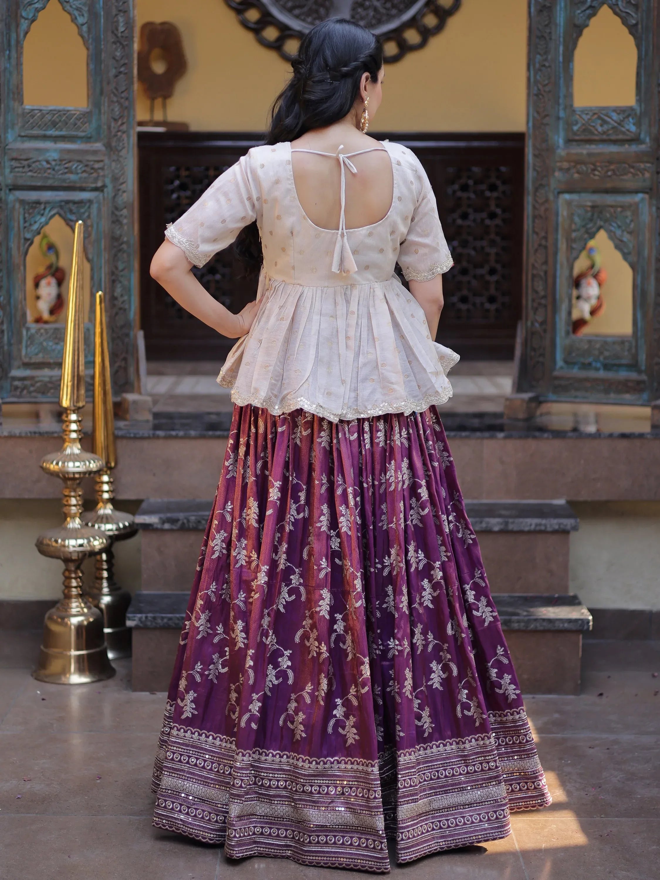 Majestic Purple Sequins Silk Marriage Wear Lehenga With Peplum Top