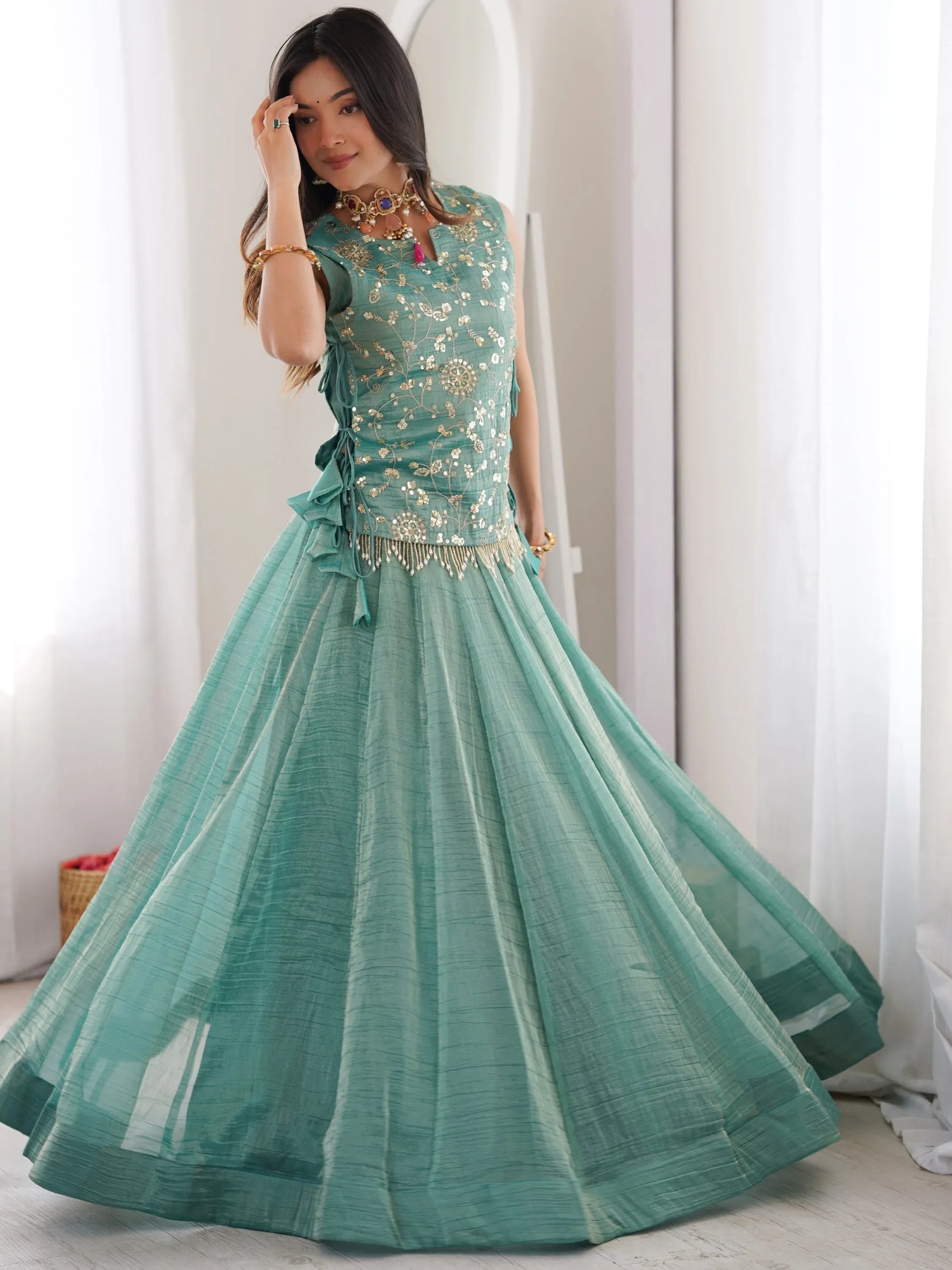 Regal Sky Blue Sequins Crushed Festive Wear Lehenga Choli With Koti