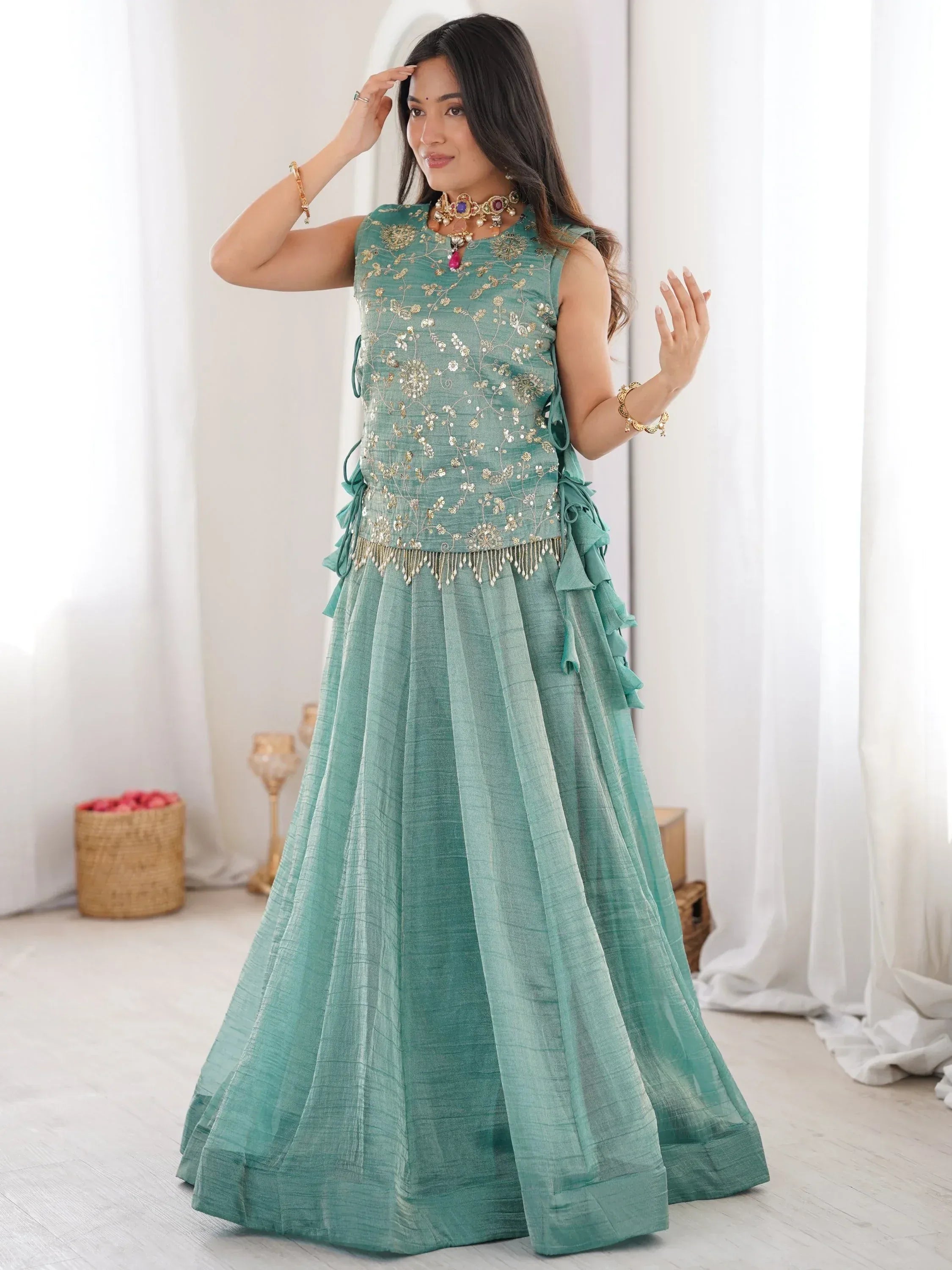 Regal Sky Blue Sequins Crushed Festive Wear Lehenga Choli With Koti