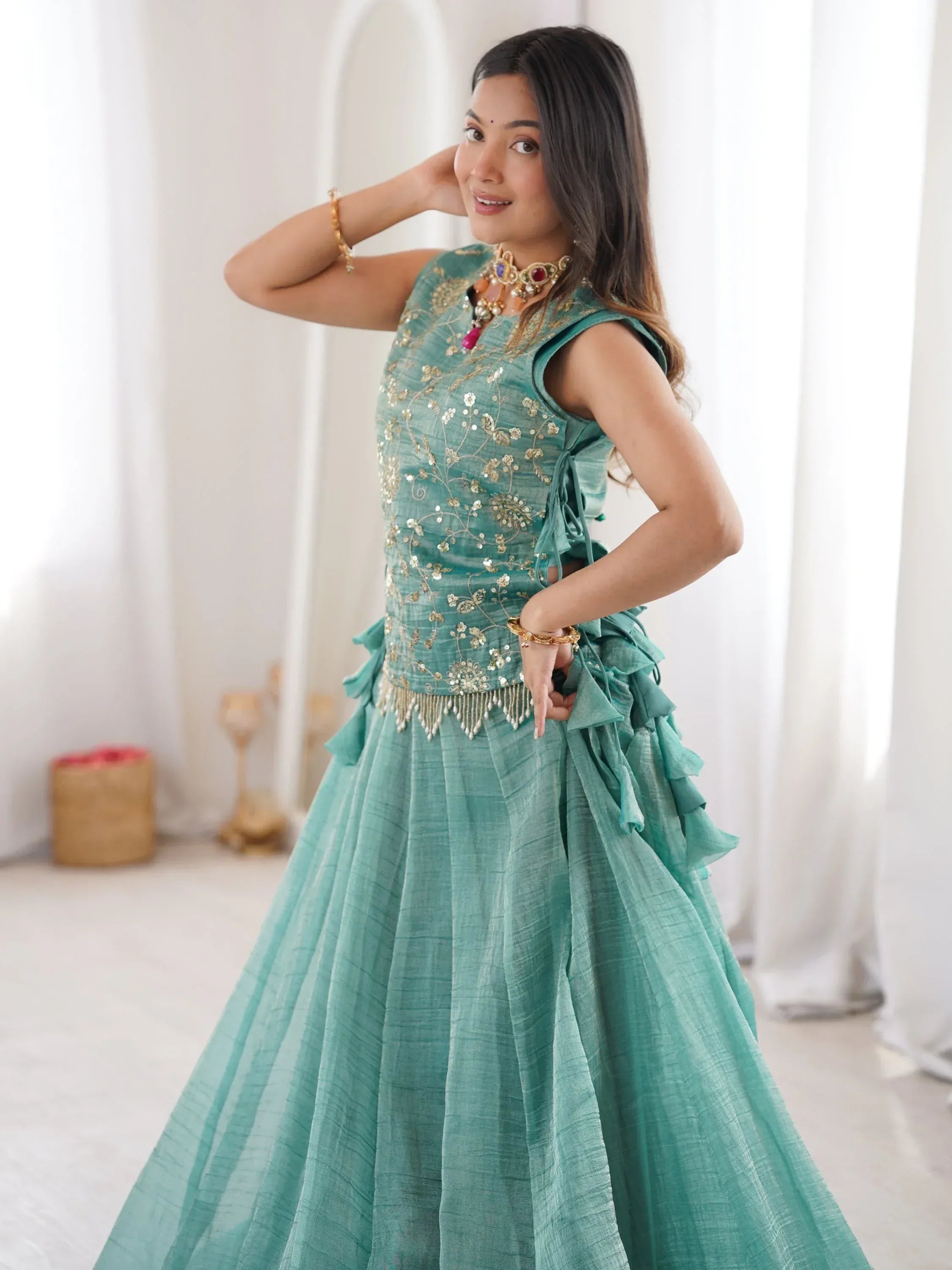 Regal Sky Blue Sequins Crushed Festive Wear Lehenga Choli With Koti