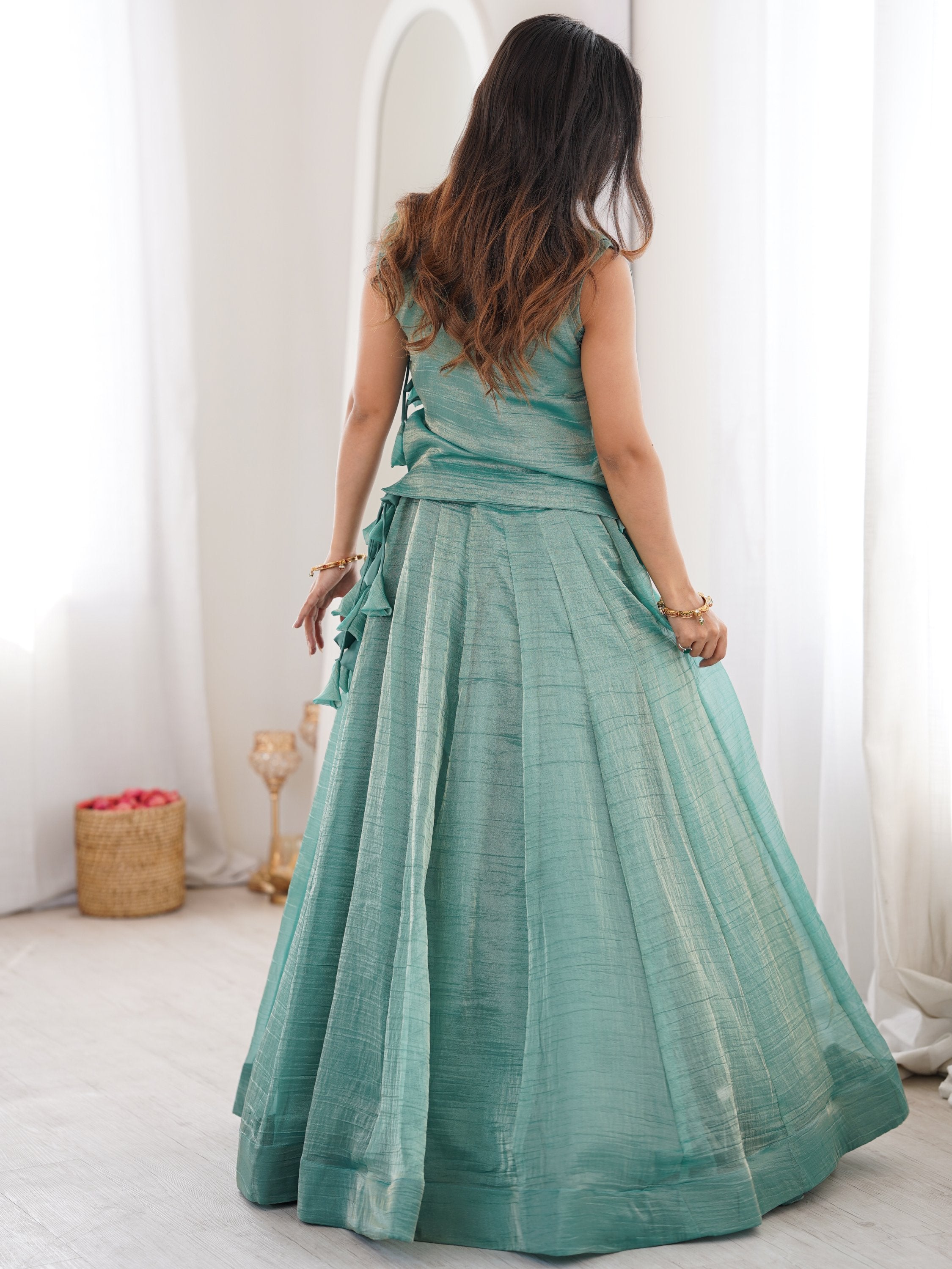 Regal Sky Blue Sequins Crushed Festive Wear Lehenga Choli With Koti