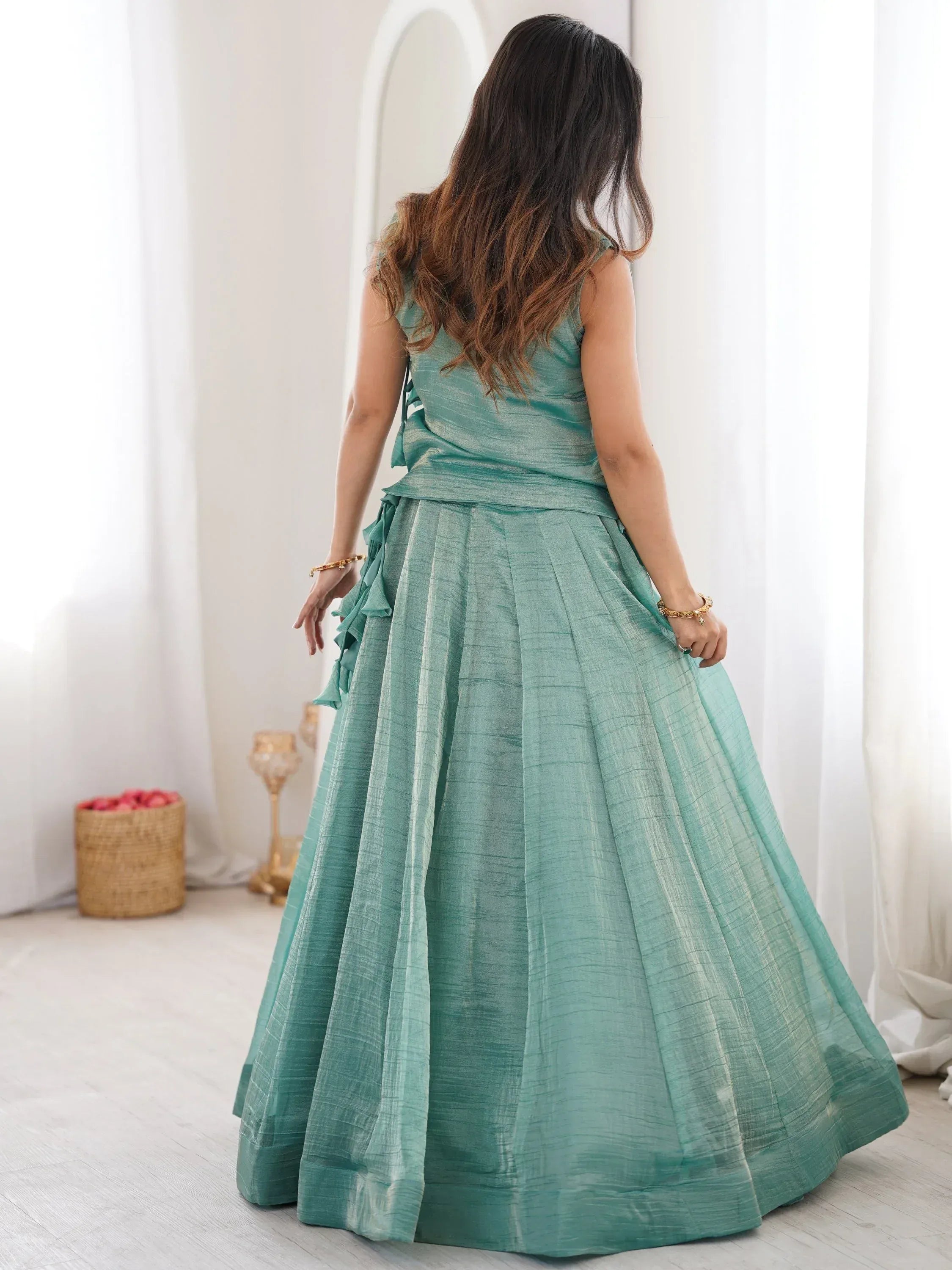 Regal Sky Blue Sequins Crushed Festive Wear Lehenga Choli With Koti