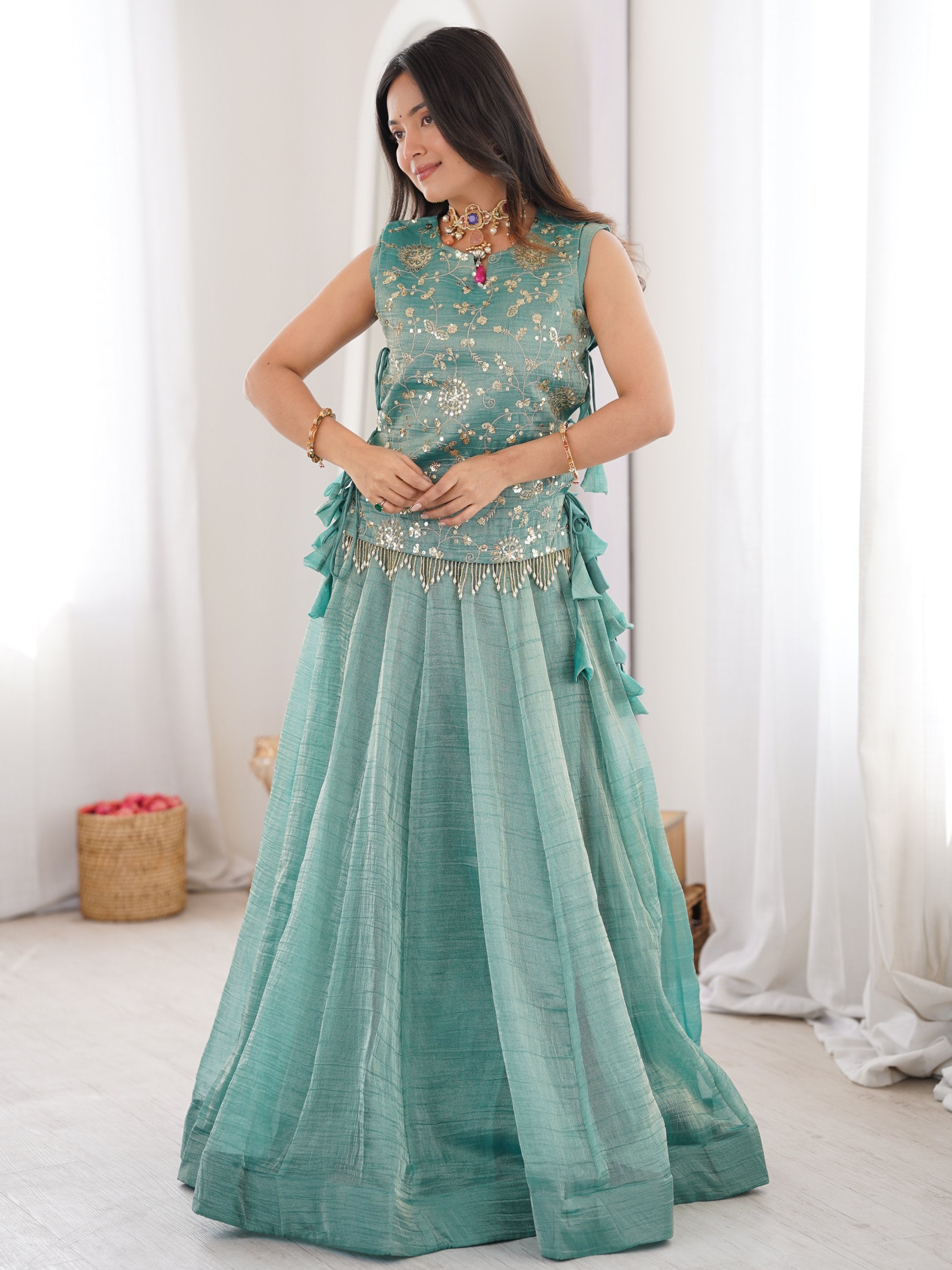 Regal Sky Blue Sequins Crushed Festive Wear Lehenga Choli With Koti