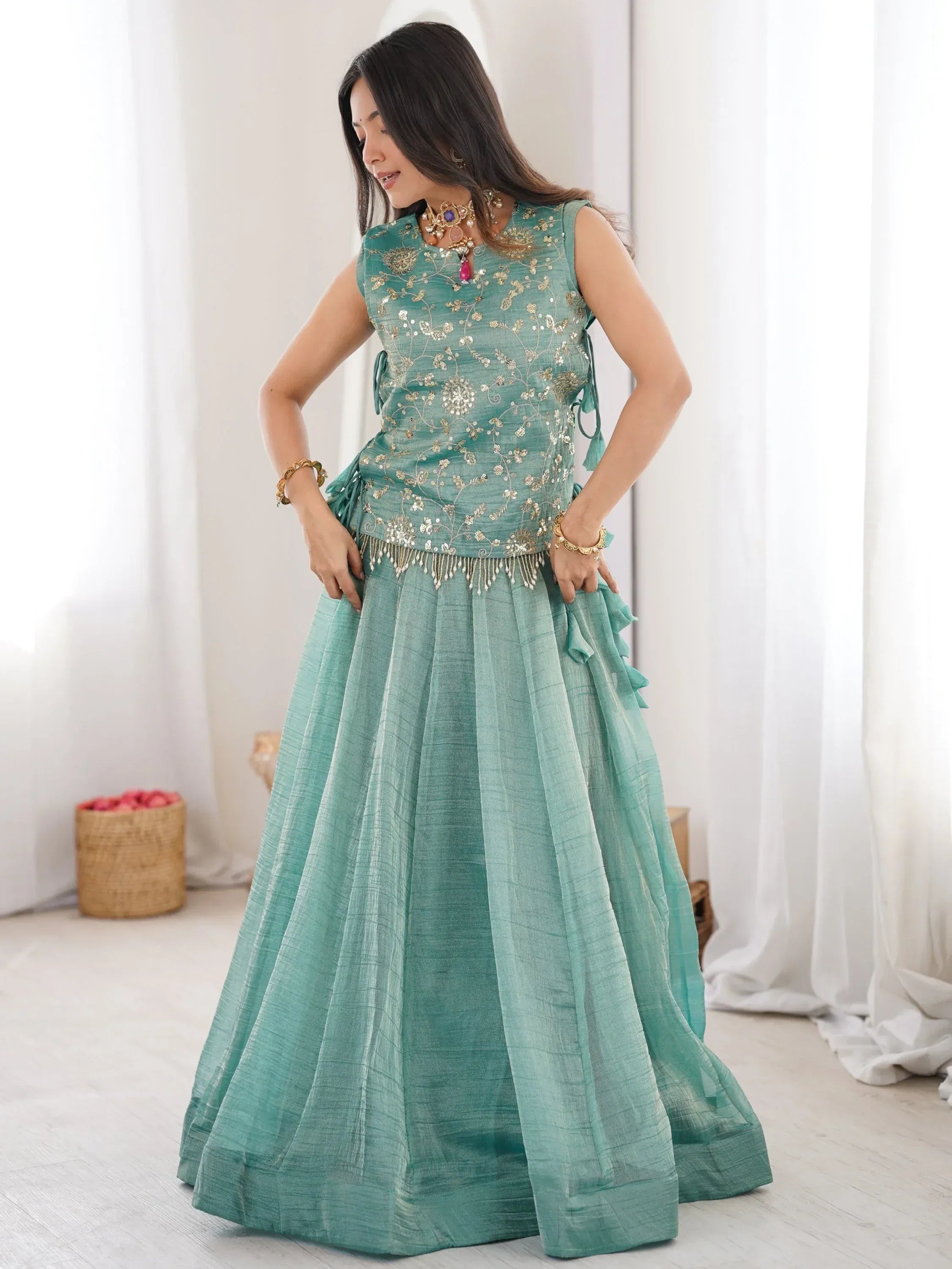 Regal Sky Blue Sequins Crushed Festive Wear Lehenga Choli With Koti