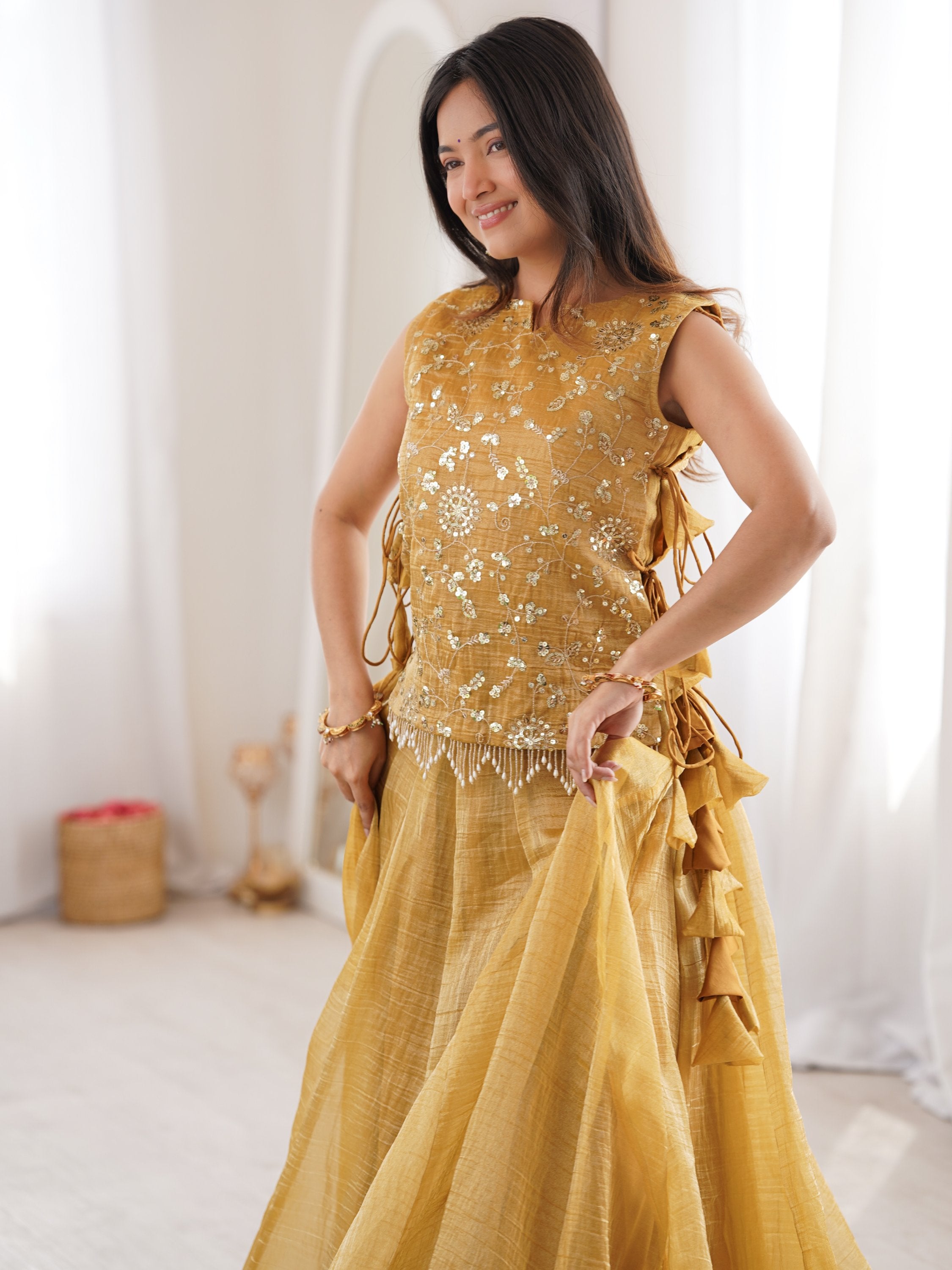 Ravishing Yellow Zari Work Crushed Event Wear Lehenga Choli With Koti