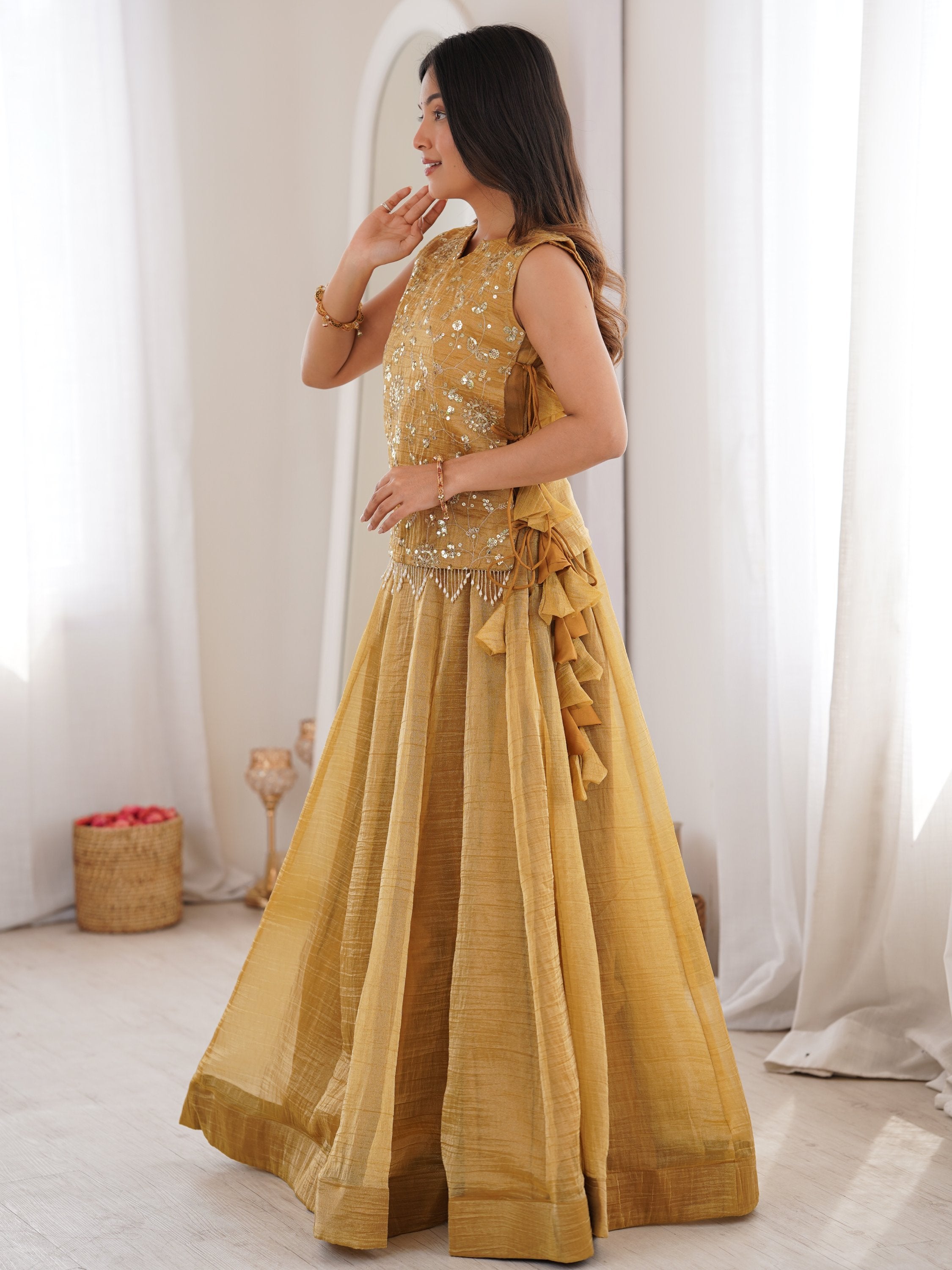 Ravishing Yellow Zari Work Crushed Event Wear Lehenga Choli With Koti