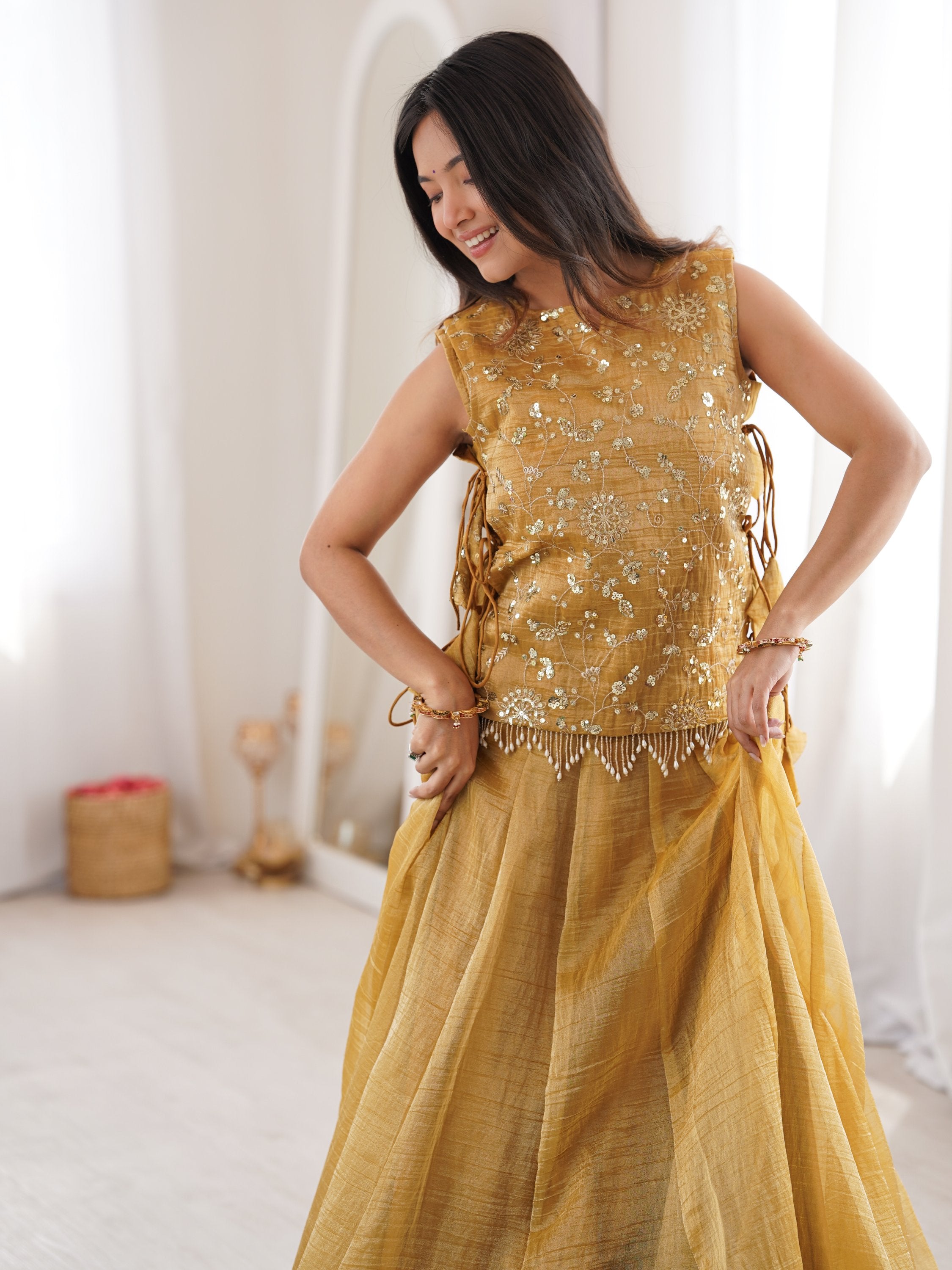 Ravishing Yellow Zari Work Crushed Event Wear Lehenga Choli With Koti
