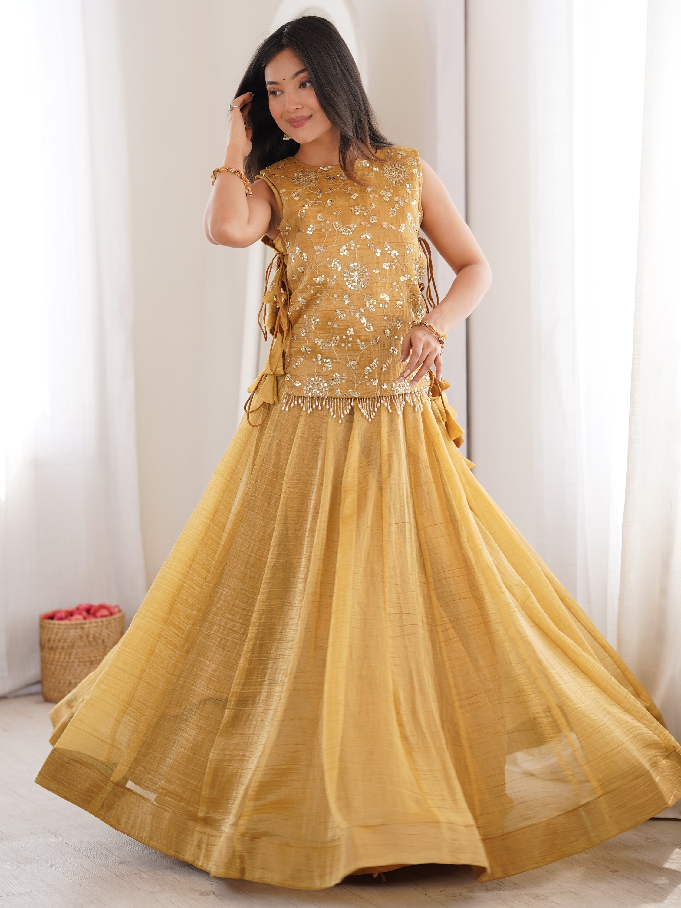 Ravishing Yellow Zari Work Crushed Event Wear Lehenga Choli With Koti