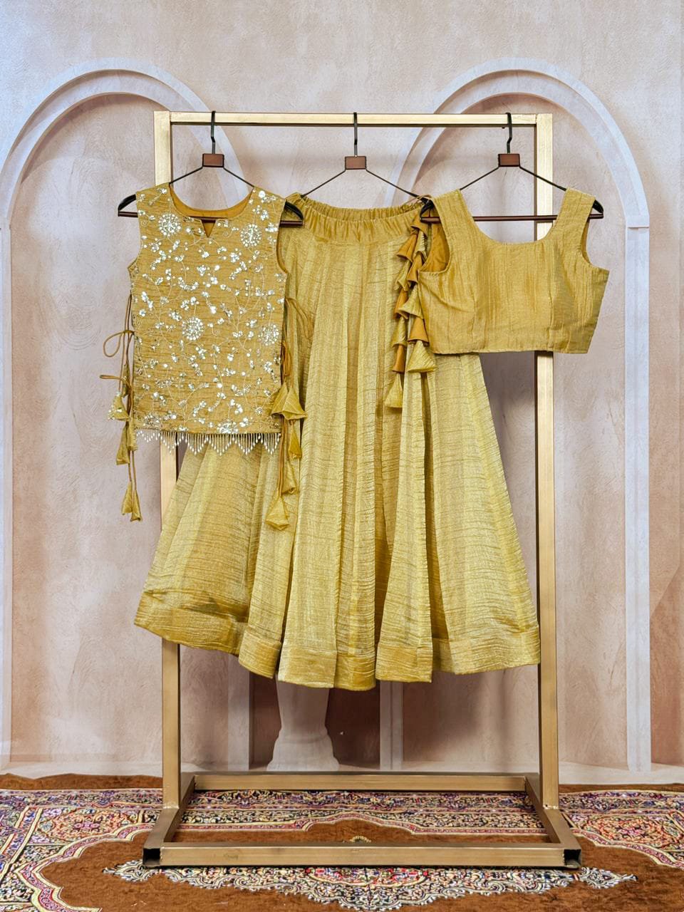 Ravishing Yellow Zari Work Crushed Event Wear Lehenga Choli With Koti