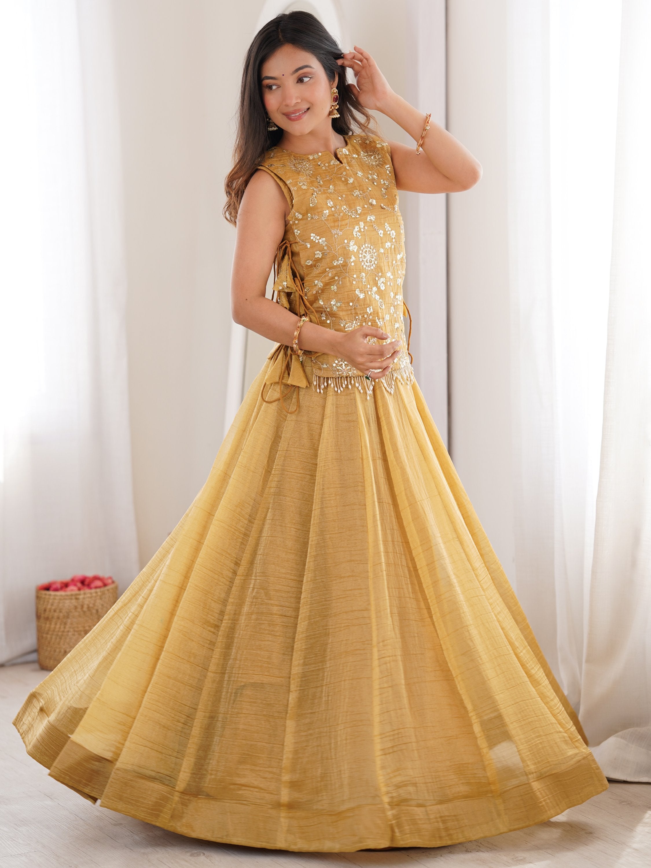 Ravishing Yellow Zari Work Crushed Event Wear Lehenga Choli With Koti