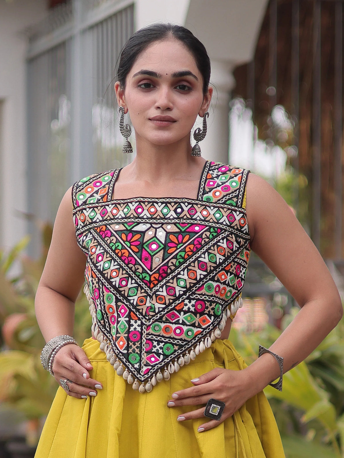 Regal Parrot Green Silk Navratri Wear Lehenga With Kutchi Work Choli