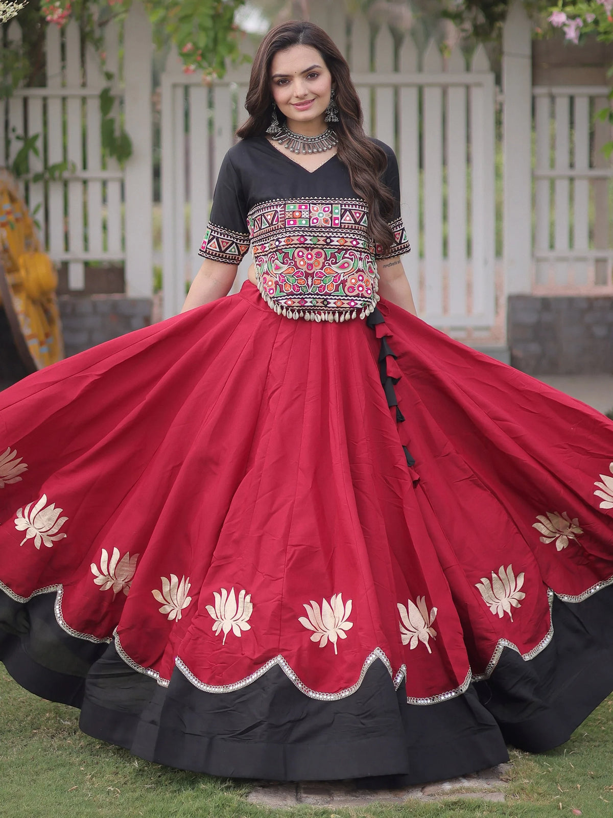 Stupendous Maroon Silk Navratri Special Lehenga With Kutchi Work Choli