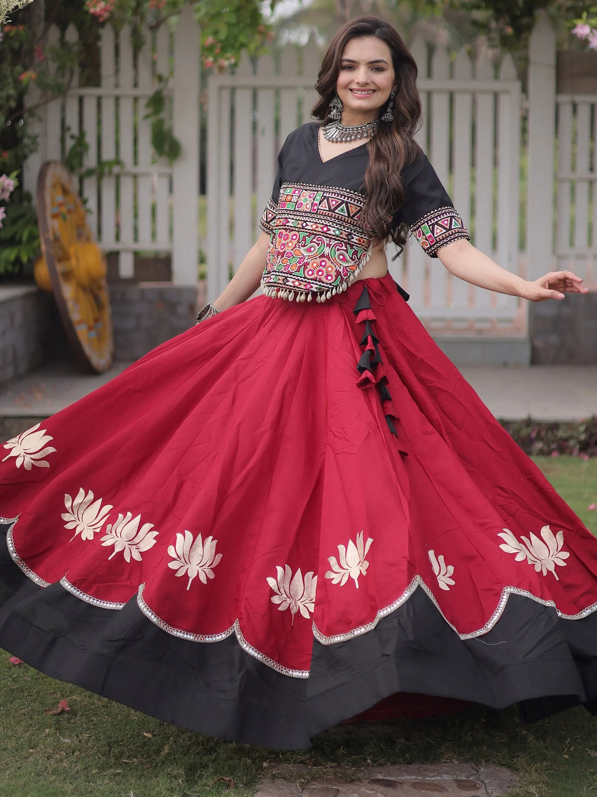 Stupendous Maroon Silk Navratri Special Lehenga With Kutchi Work Choli