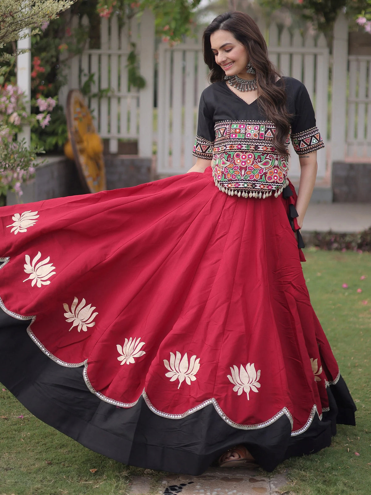 Stupendous Maroon Silk Navratri Special Lehenga With Kutchi Work Choli