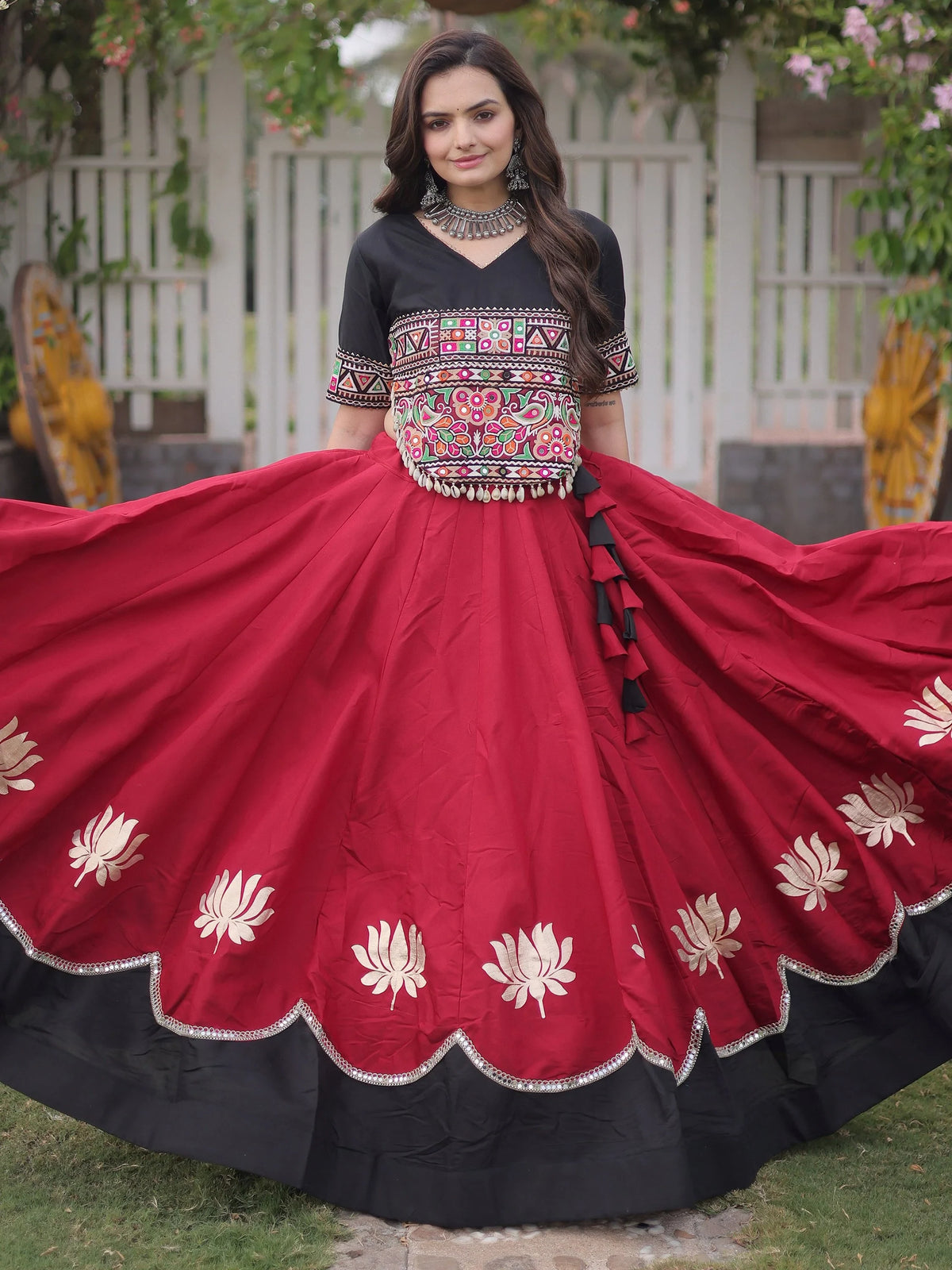 Stupendous Maroon Silk Navratri Special Lehenga With Kutchi Work Choli
