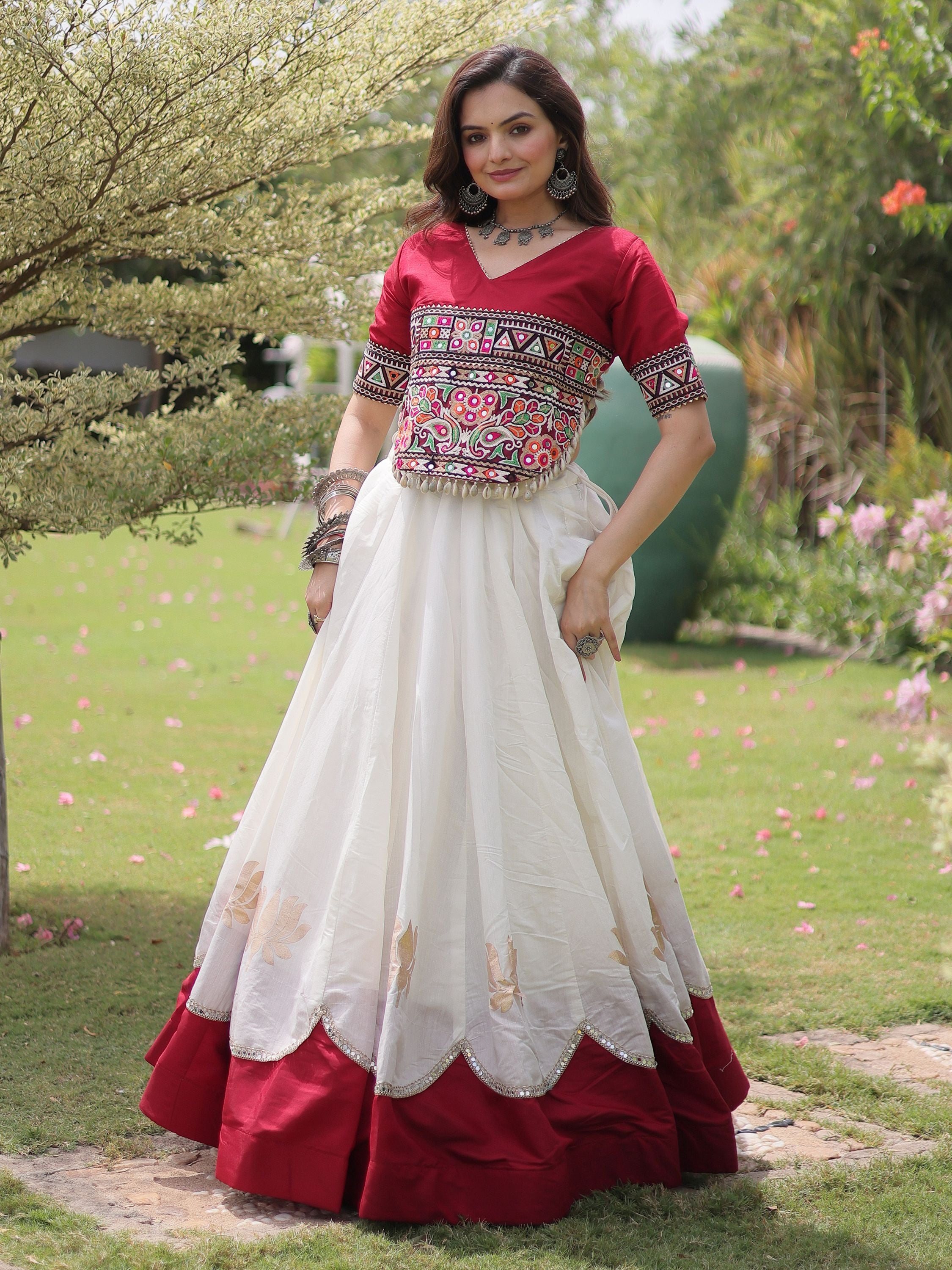 Astonishing White Mirror Laced Silk Navratri Special Lehenga Choli