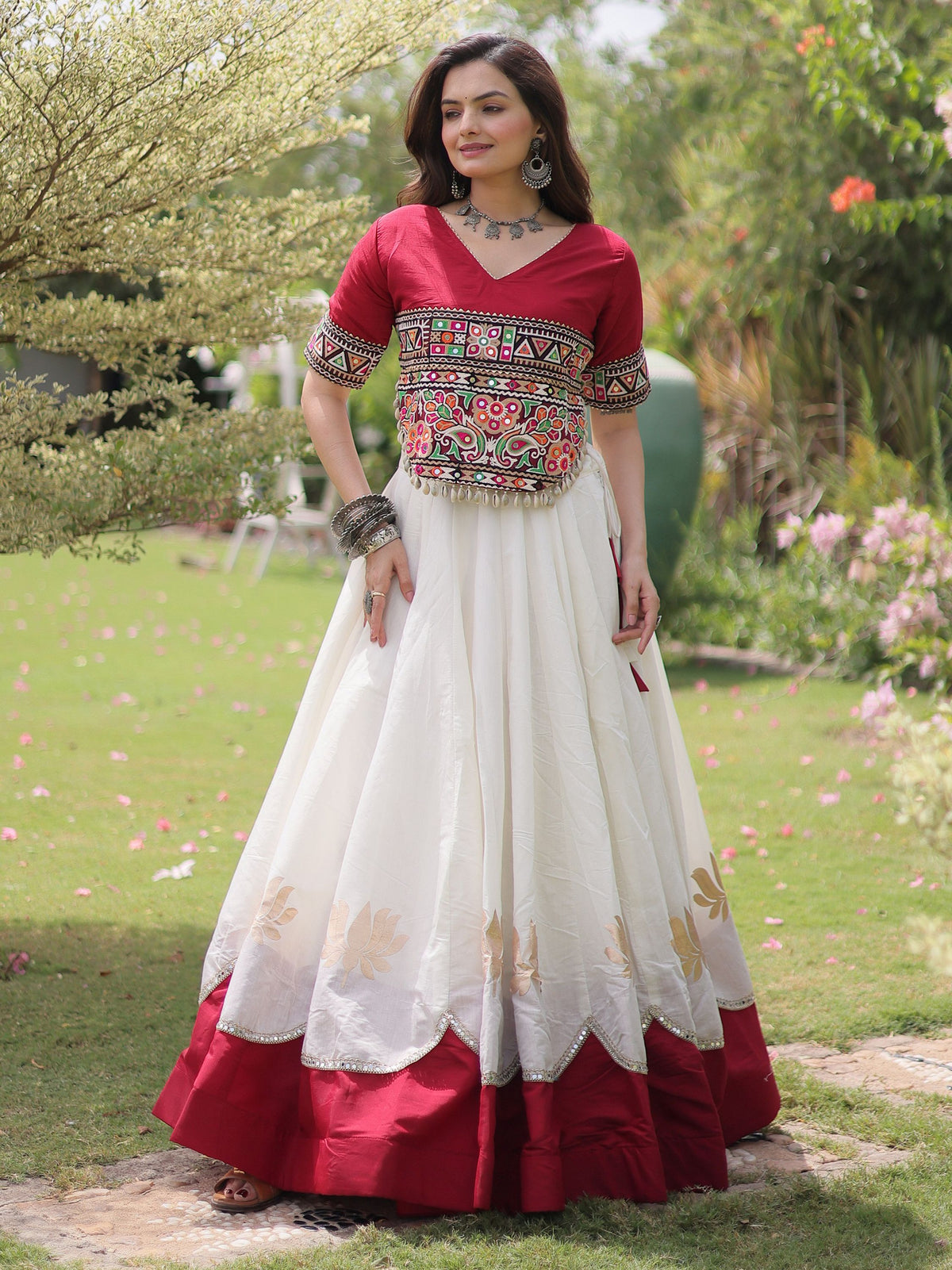 Astonishing White Mirror Laced Silk Navratri Special Lehenga Choli