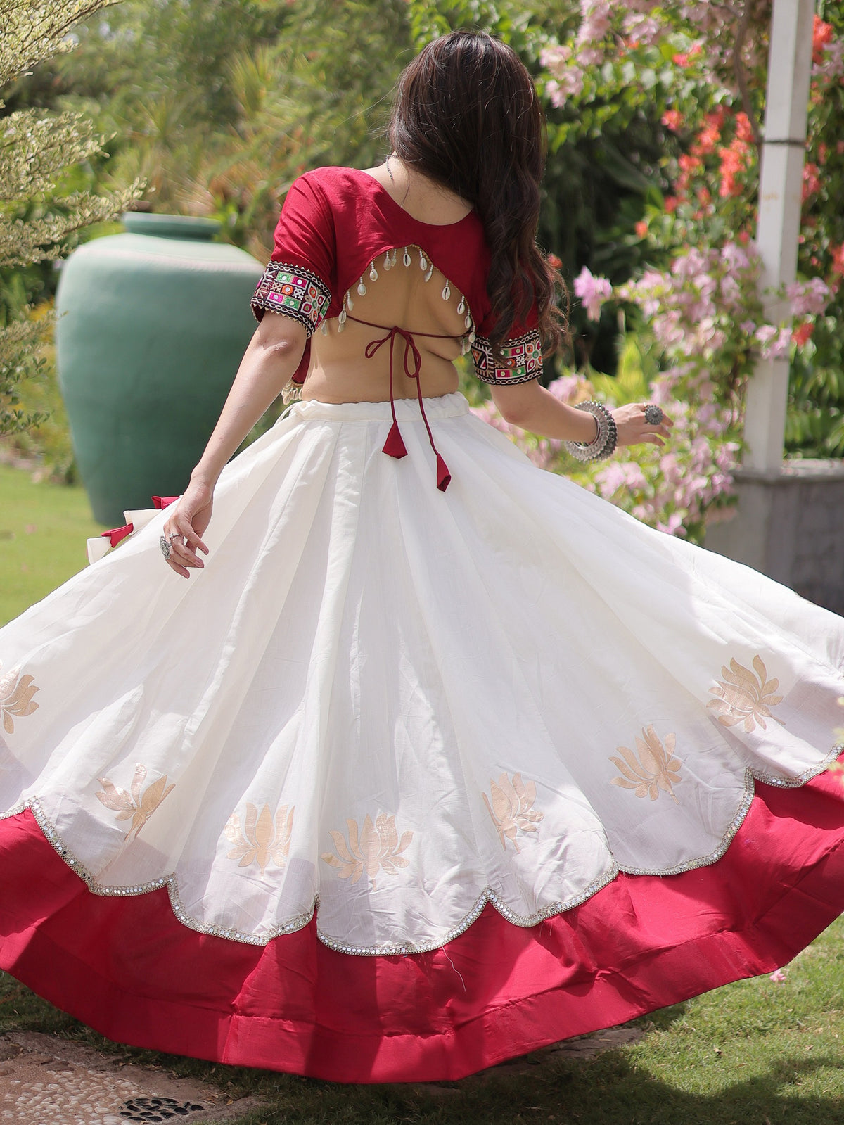 Astonishing White Mirror Laced Silk Navratri Special Lehenga Choli