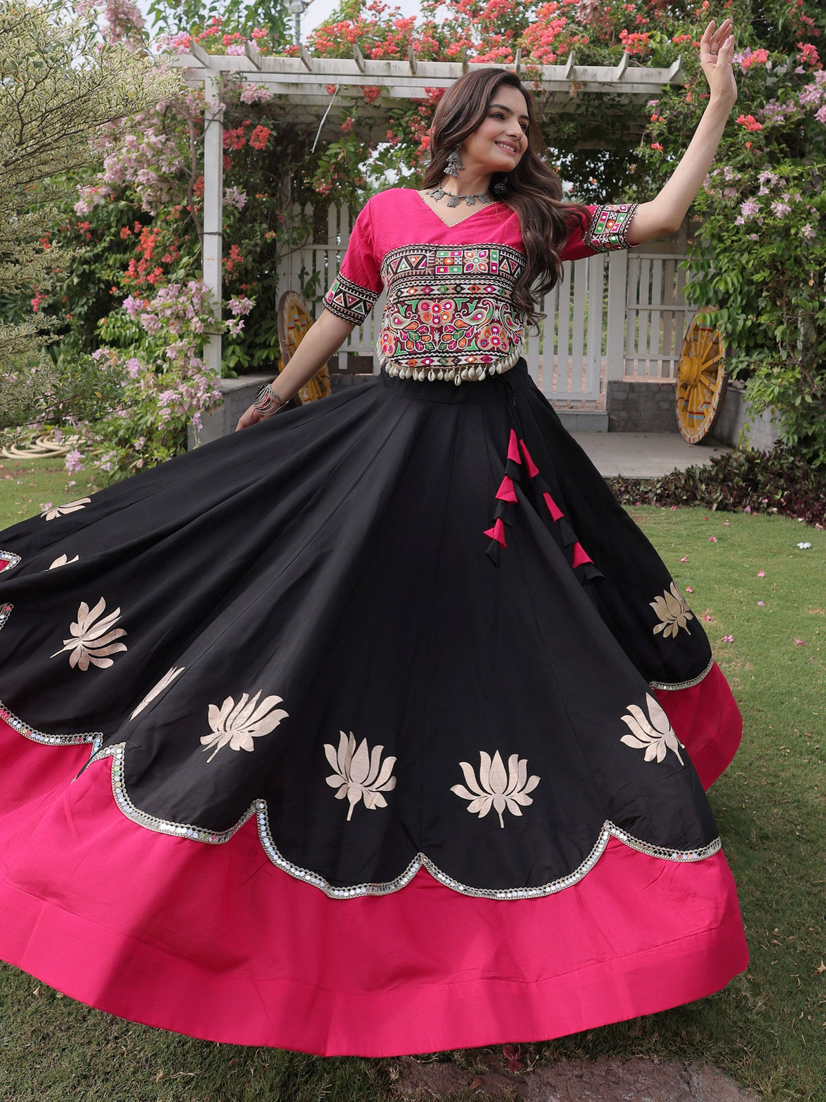 Impressive Black Gota Work Silk Navratri Wear Lehenga With Blouse