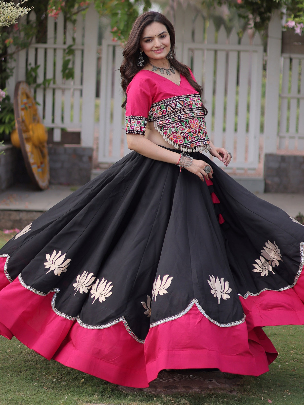 Impressive Black Gota Work Silk Navratri Wear Lehenga With Blouse
