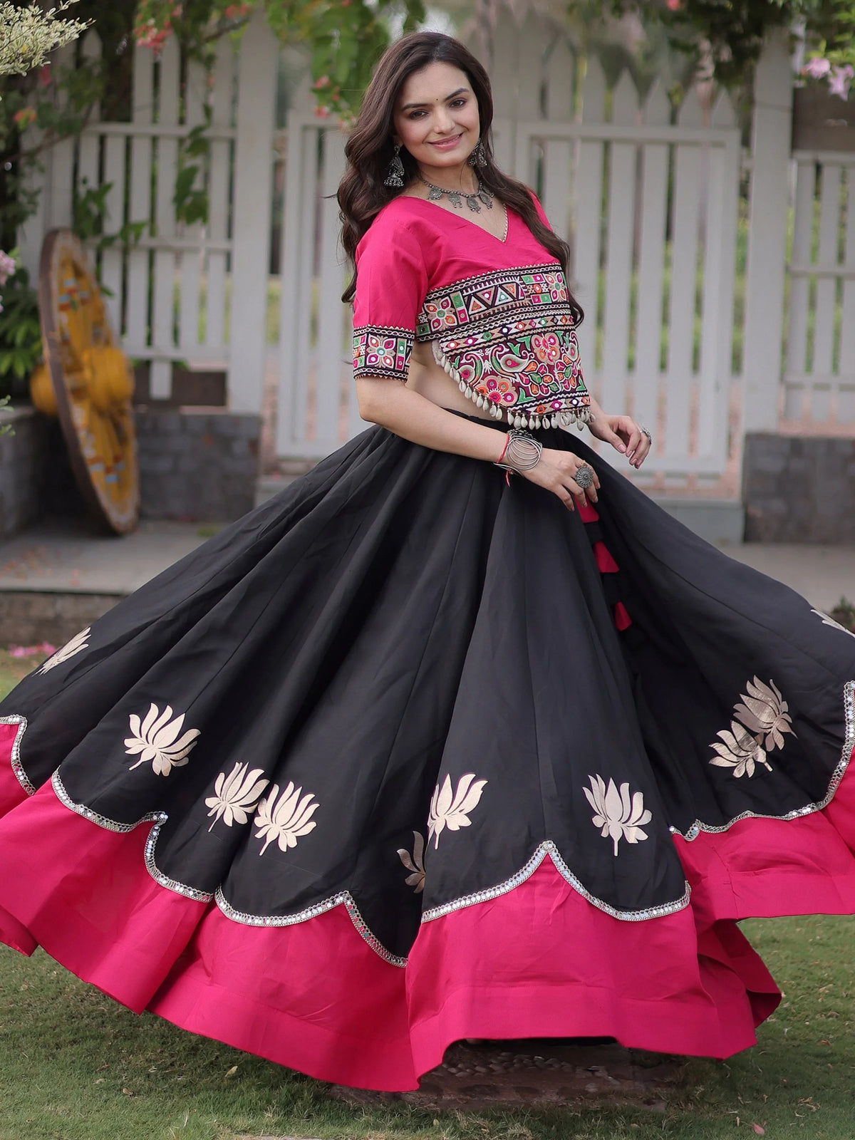 Impressive Black Gota Work Silk Navratri Wear Lehenga With Blouse