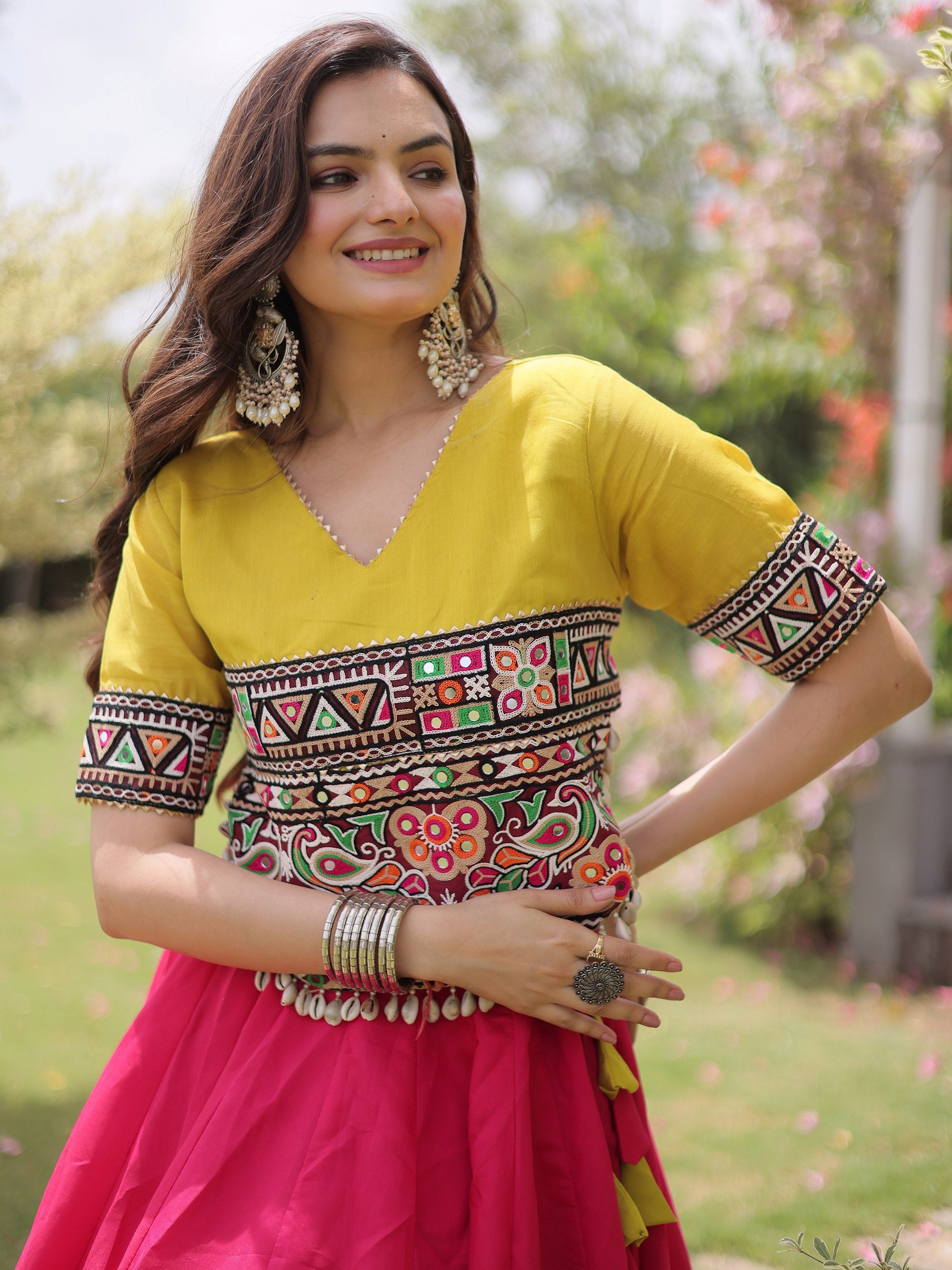 Captivating Pink Silk Navratri Wear Lehenga With Mirror Work Blouse