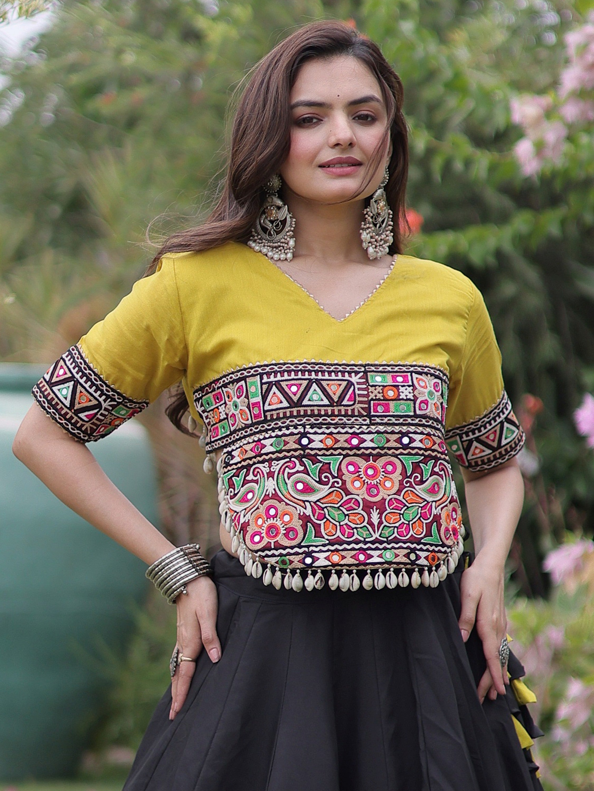 Stylish Black Silk Navratri Wear Lehenga With Kutchi Work Blouse