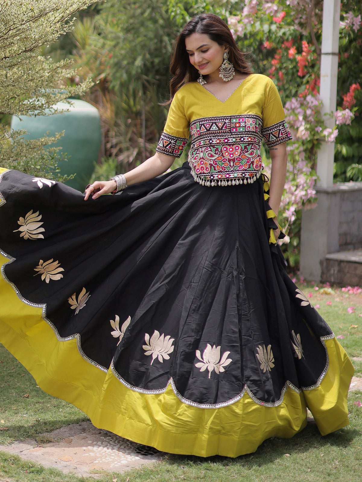 Stylish Black Silk Navratri Wear Lehenga With Kutchi Work Blouse