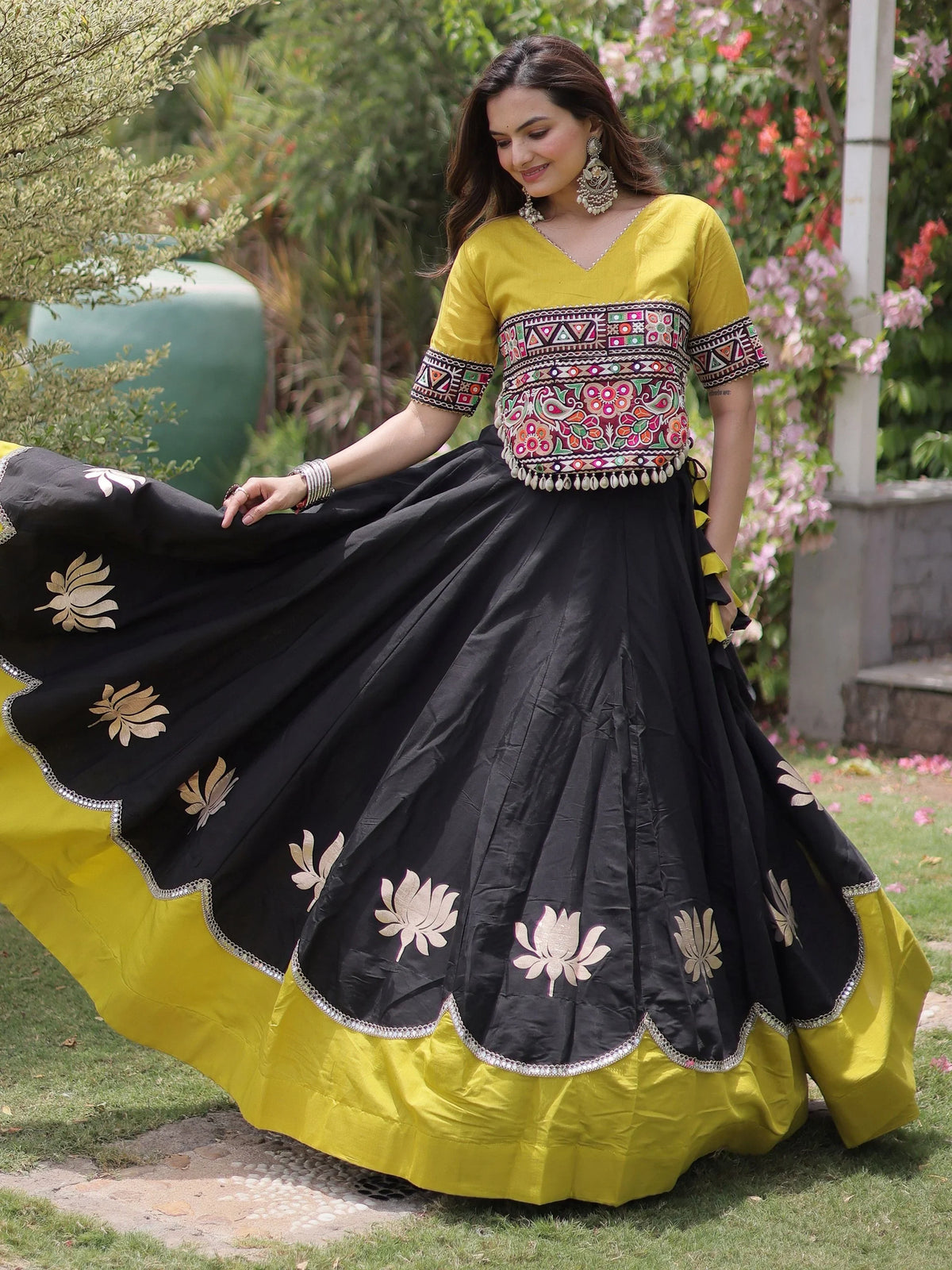 Stylish Black Silk Navratri Wear Lehenga With Kutchi Work Blouse