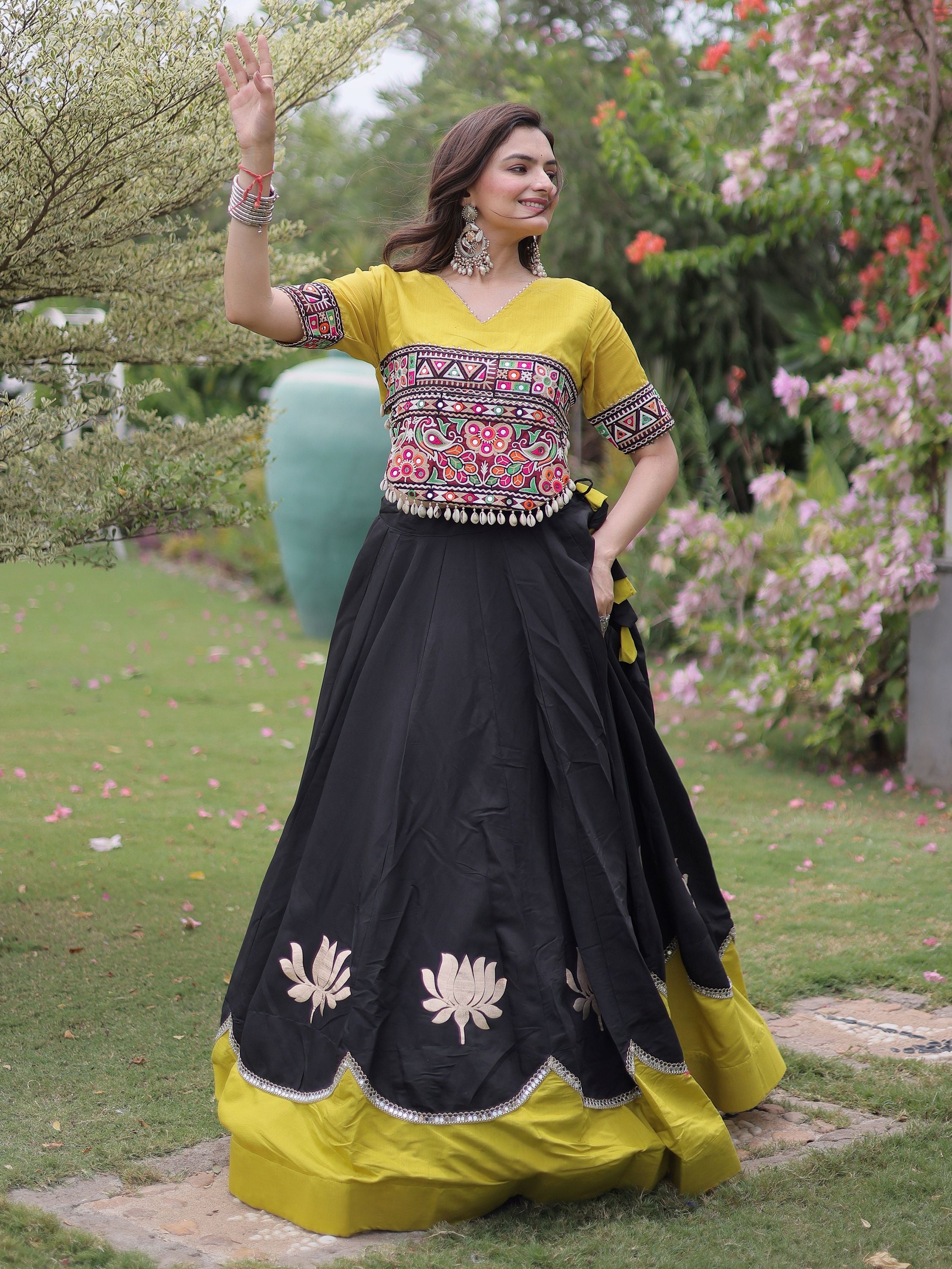 Stylish Black Silk Navratri Wear Lehenga With Kutchi Work Blouse