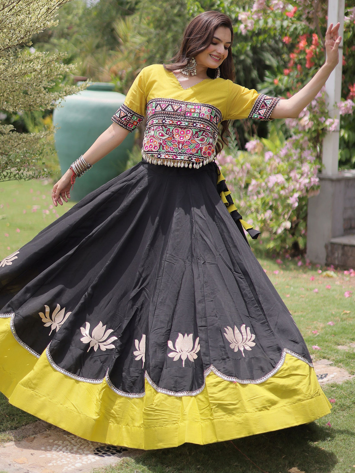 Stylish Black Silk Navratri Wear Lehenga With Kutchi Work Blouse