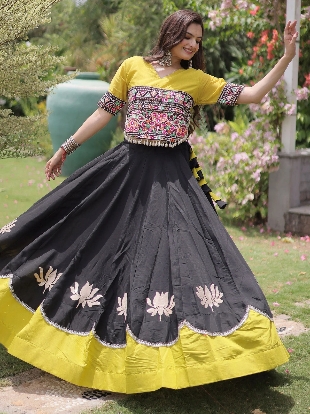 Stylish Black Silk Navratri Wear Lehenga With Kutchi Work Blouse
