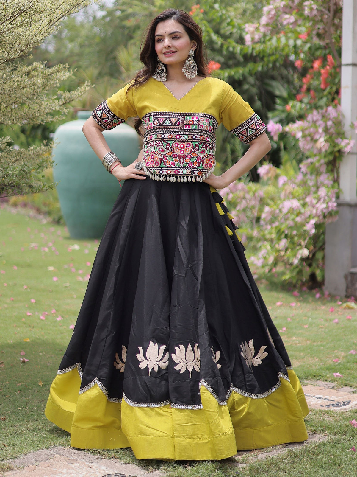 Stylish Black Silk Navratri Wear Lehenga With Kutchi Work Blouse