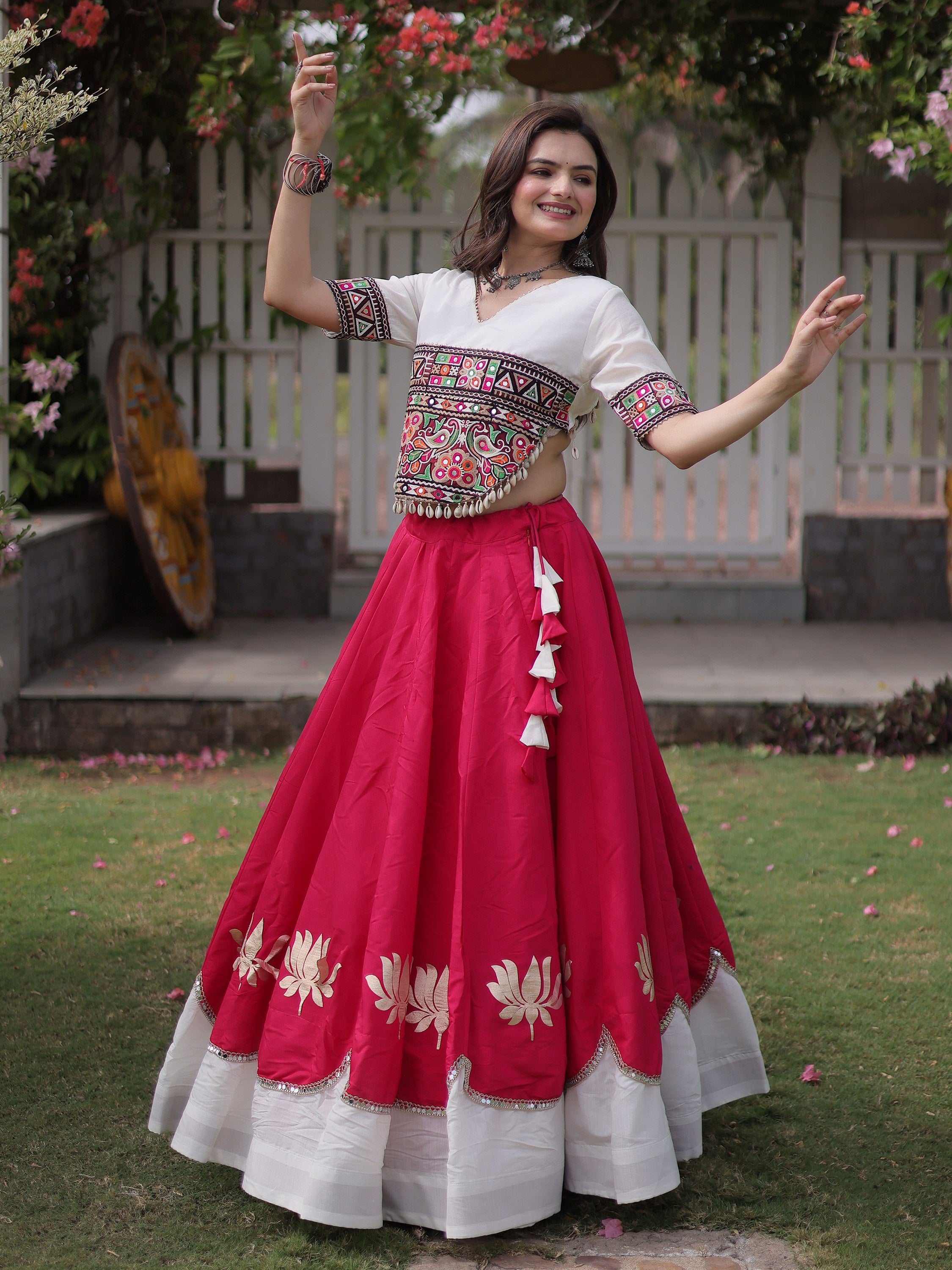Majestic Pink Mirror Laced Silk Navratri Special Lehenga Choli