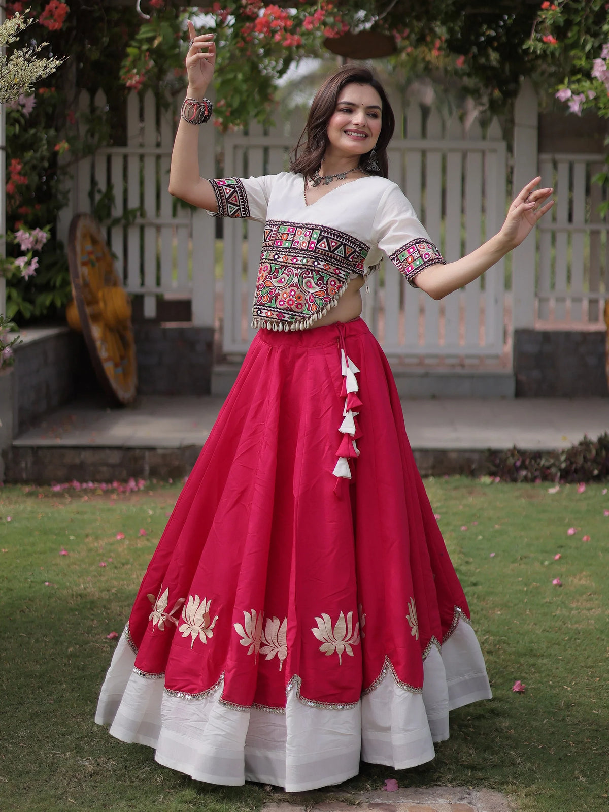 Majestic Pink Mirror Laced Silk Navratri Special Lehenga Choli