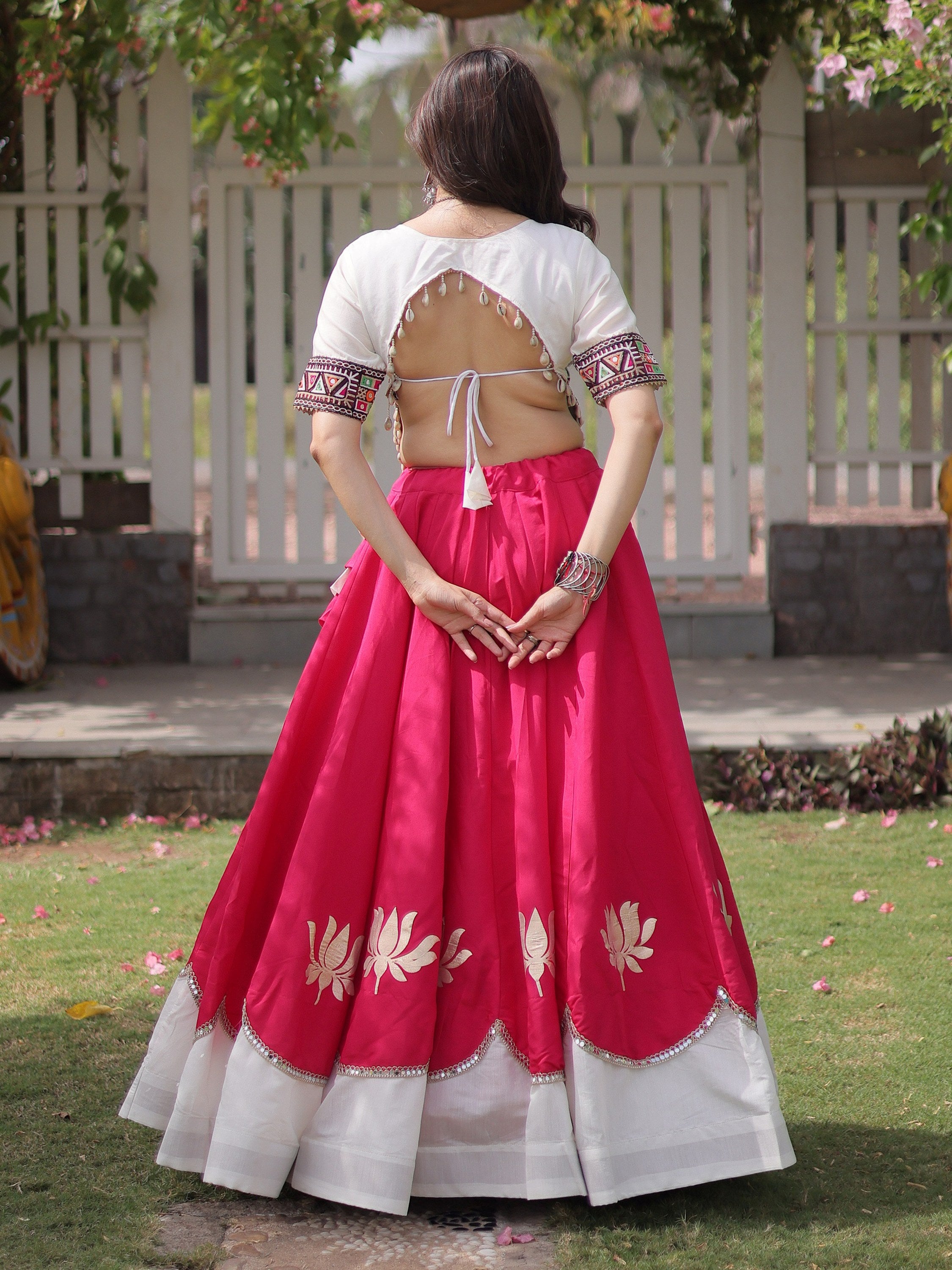 Majestic Pink Mirror Laced Silk Navratri Special Lehenga Choli