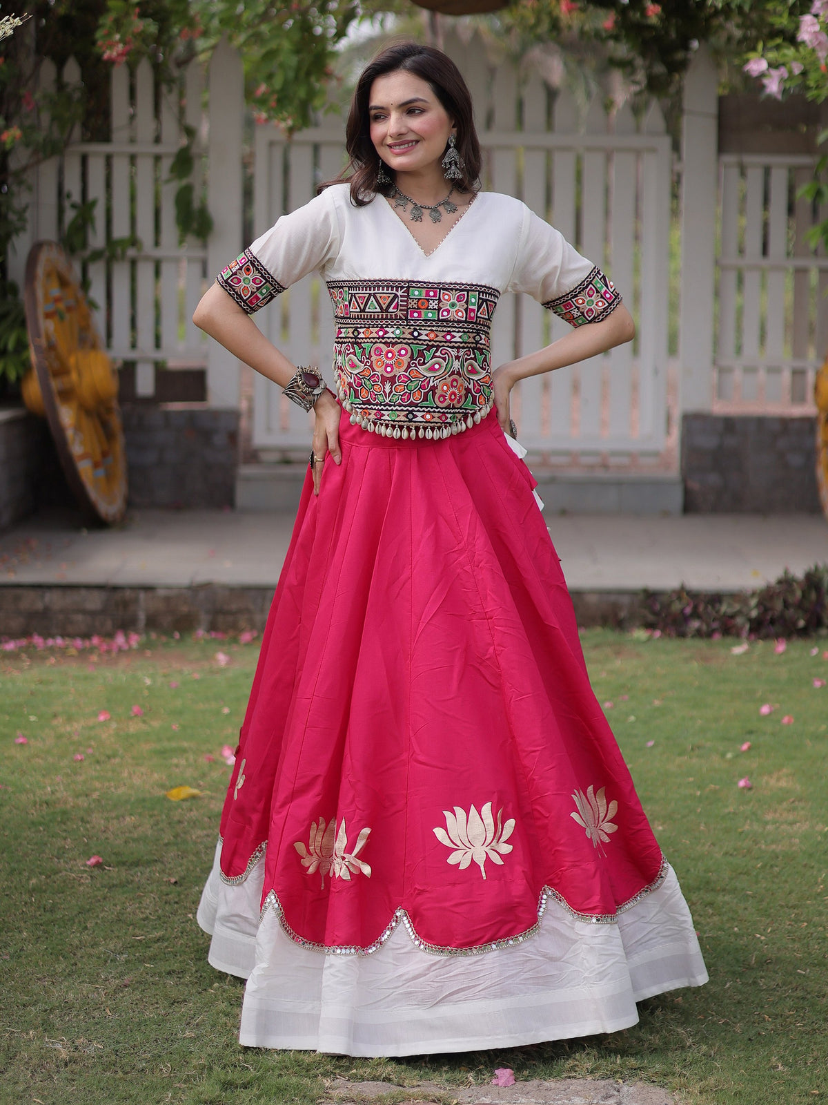 Majestic Pink Mirror Laced Silk Navratri Special Lehenga Choli