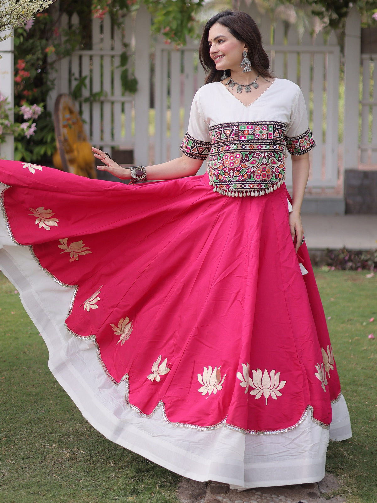 Majestic Pink Mirror Laced Silk Navratri Special Lehenga Choli