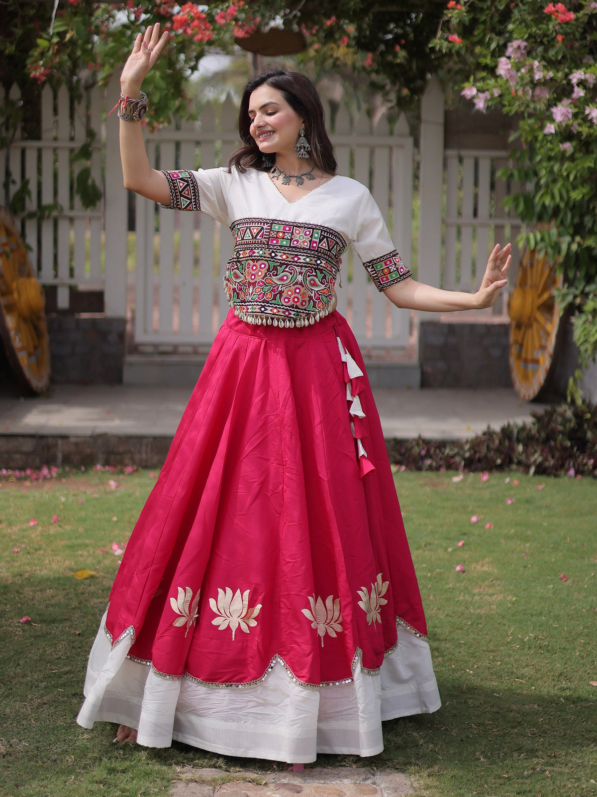 Majestic Pink Mirror Laced Silk Navratri Special Lehenga Choli
