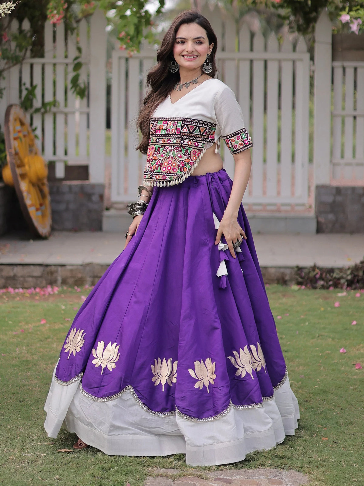 Dazzling Purple Gamthi Work Silk Navratri Special Lehenga Choli