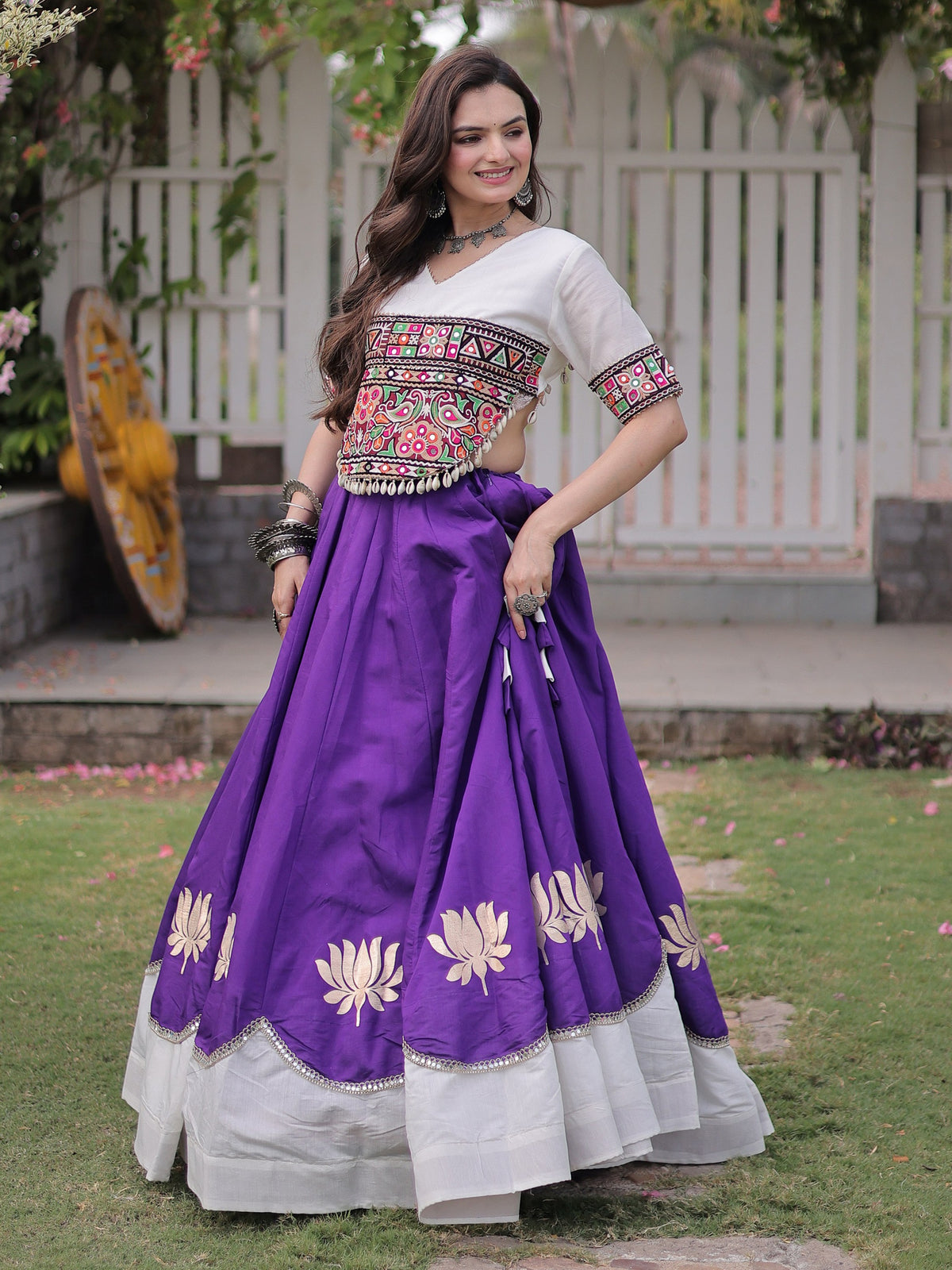 Dazzling Purple Gamthi Work Silk Navratri Special Lehenga Choli