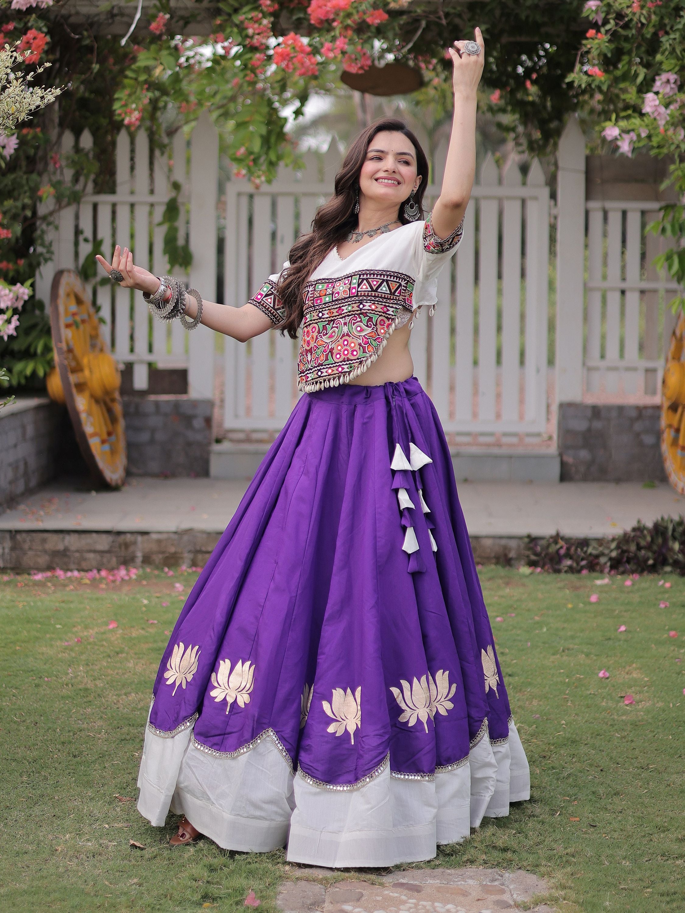 Dazzling Purple Gamthi Work Silk Navratri Special Lehenga Choli