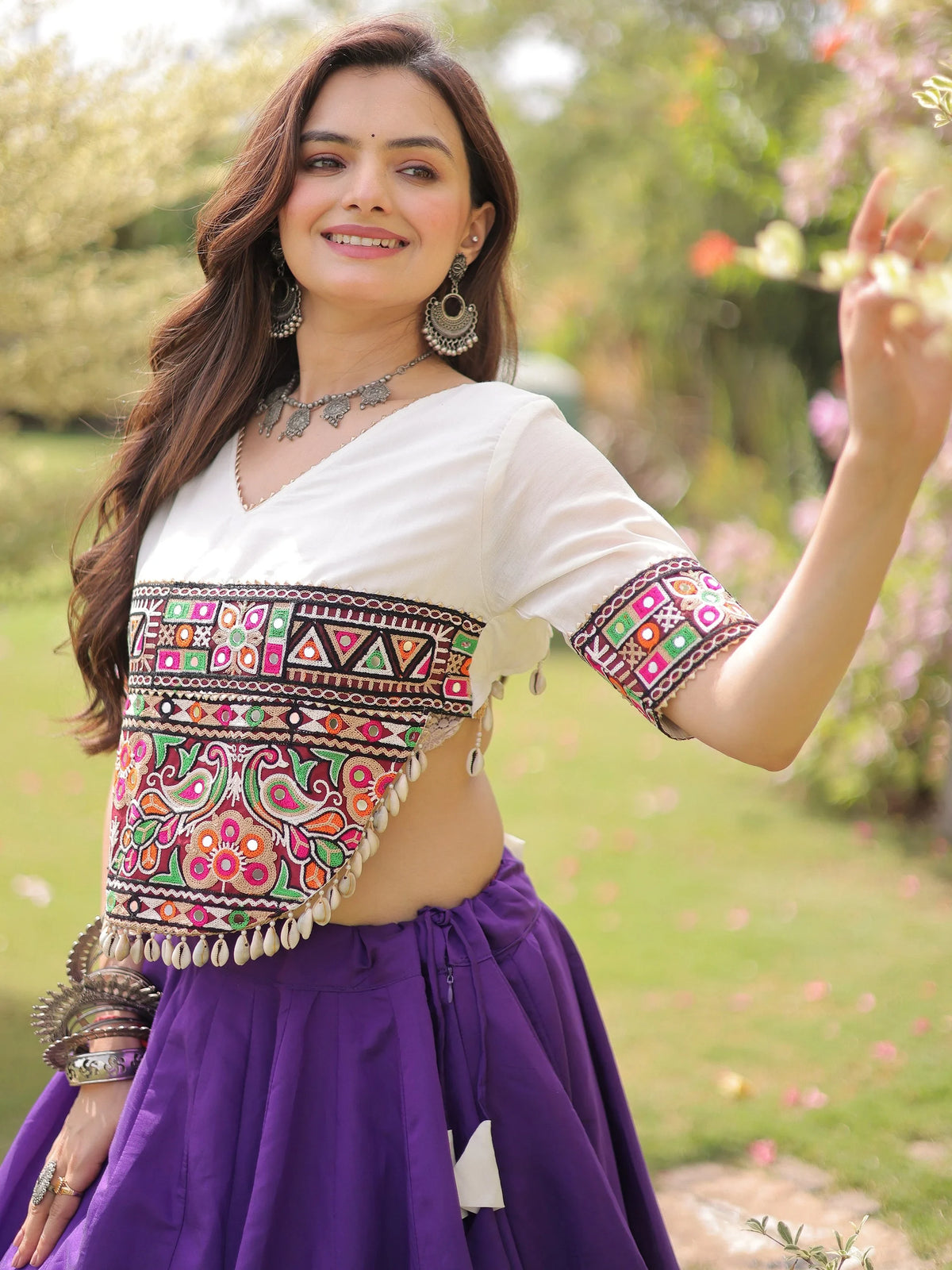 Dazzling Purple Gamthi Work Silk Navratri Special Lehenga Choli